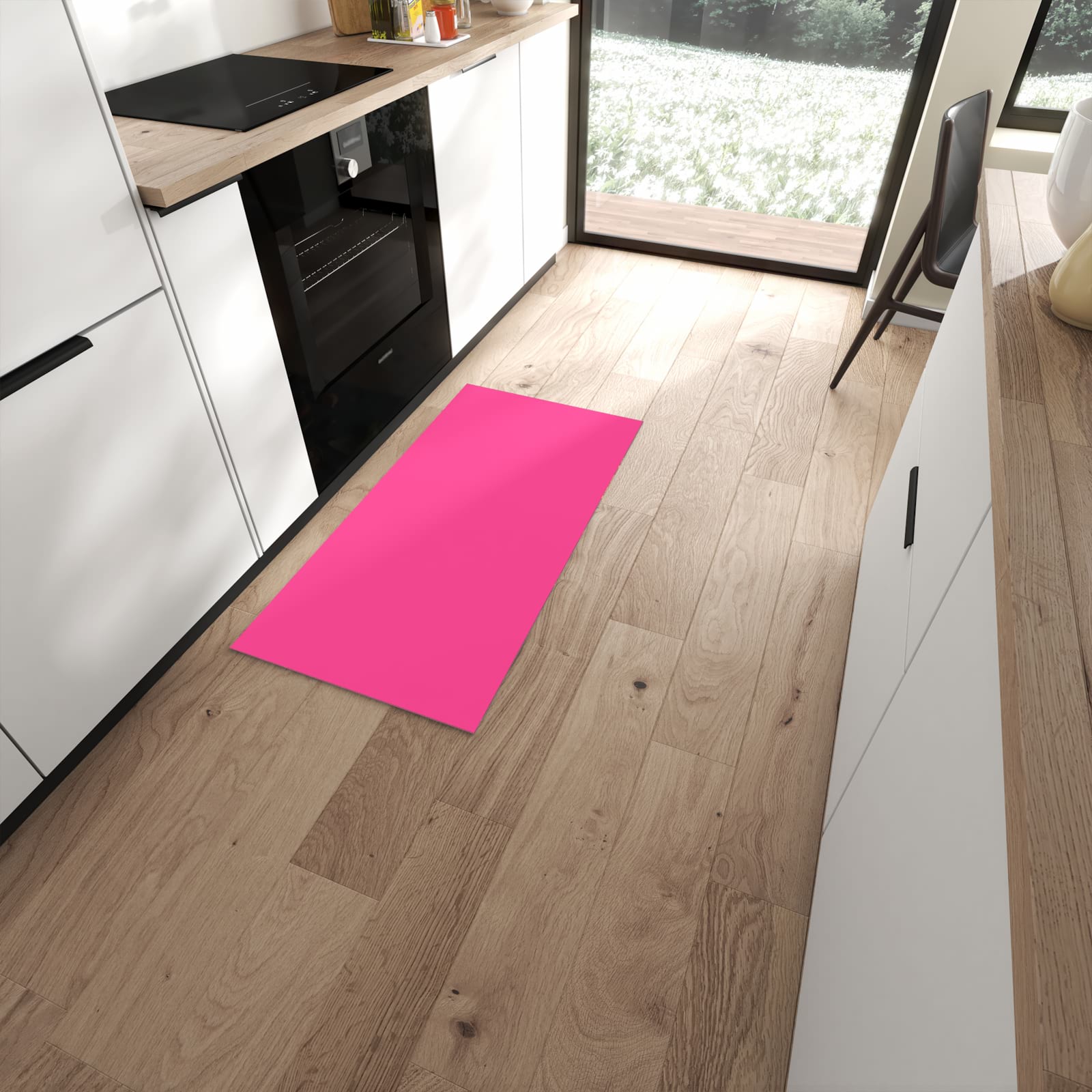 Geruchsneutraler Teppich in Küche mit Motiv Pinker Hintergrund in moderner Küche #grösse_60 x 120 cm