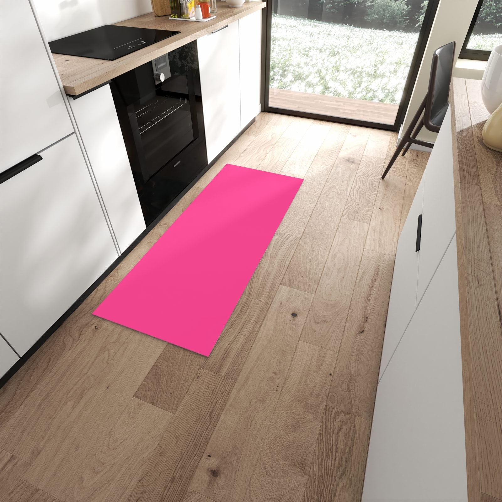 Langlebiger Küchenläufer mit Motiv Pinker Hintergrund in moderner Küche #grösse_60 x 150 cm