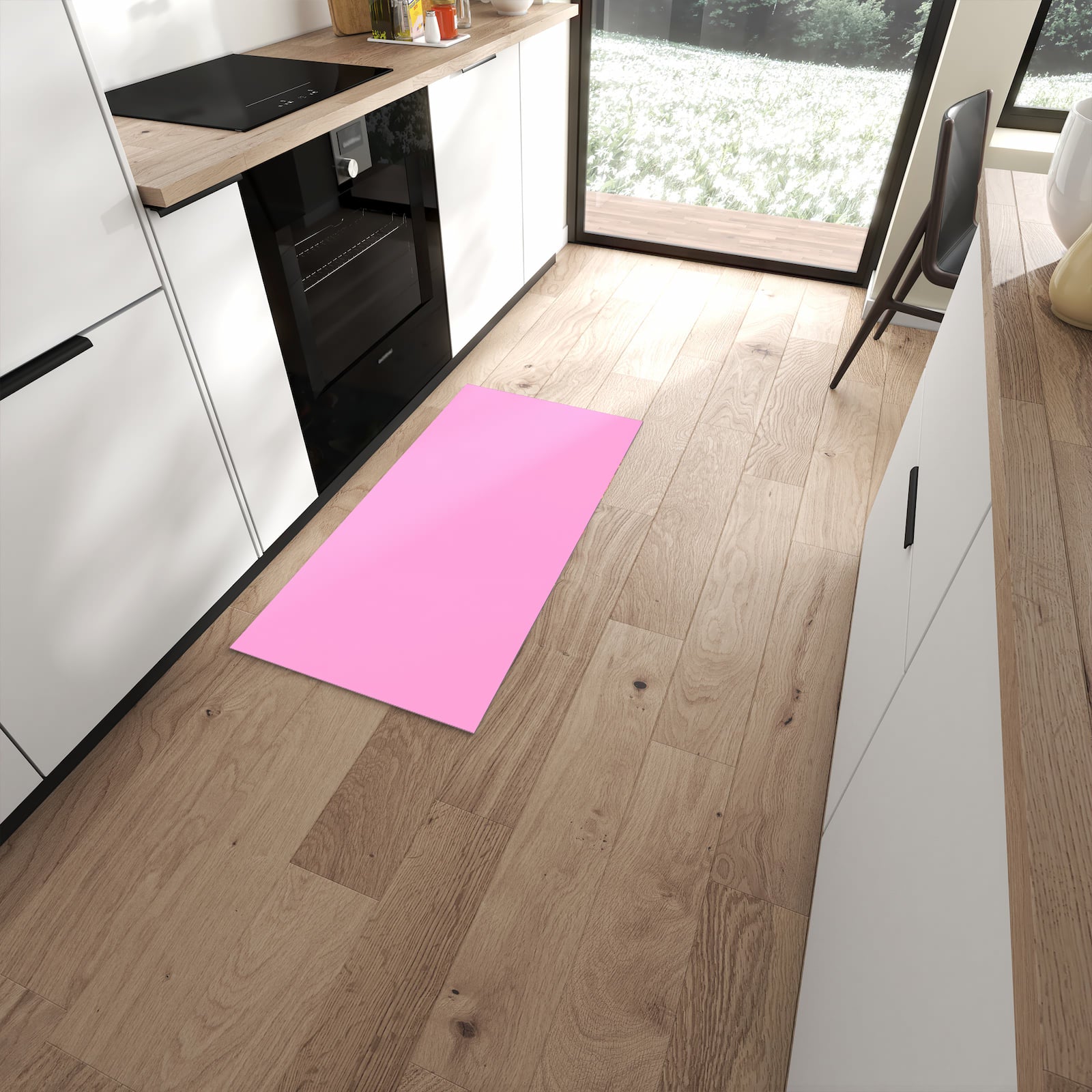 Ordnungsschaffender Küchenläufer mit Motiv Rosa Hintergrund in moderner Küche #grösse_60 x 120 cm