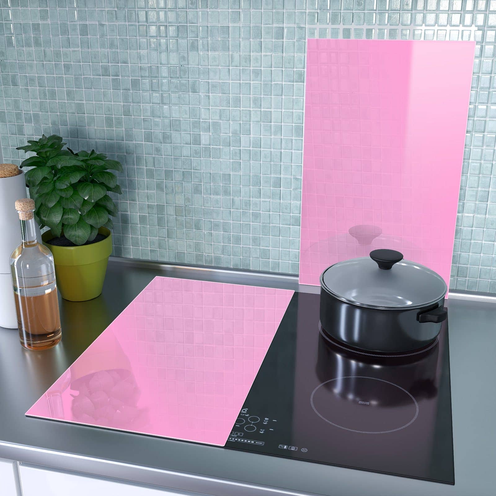 2-teilige Abdeckplatten für Herd mit Rosa Hintergrund-Motiv als Spritzschutz hinter dem Kochfeld
