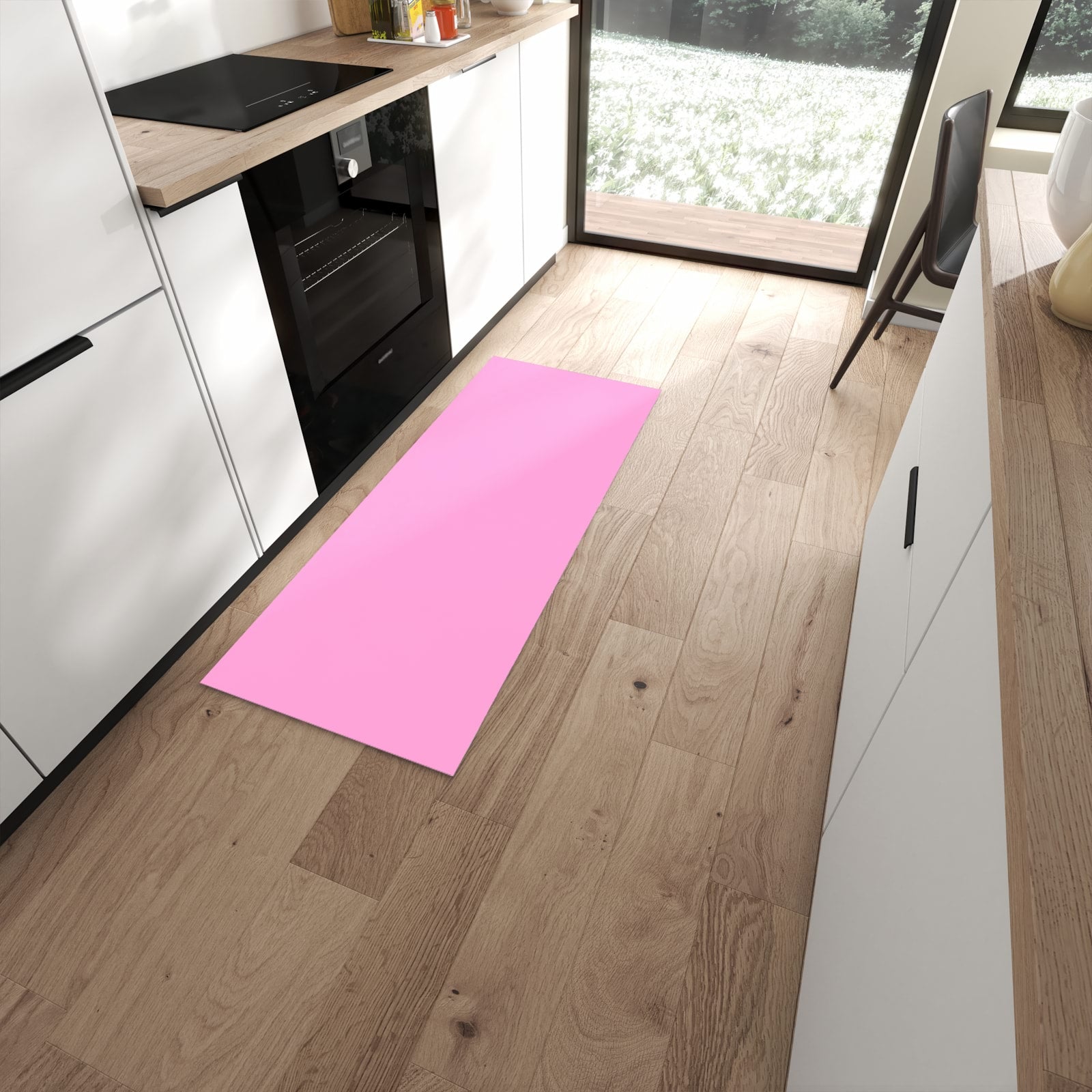 Bodenschonender Küchenläufer nach Maß mit Motiv Rosa Hintergrund in moderner Küche #grösse_60 x 150 cm