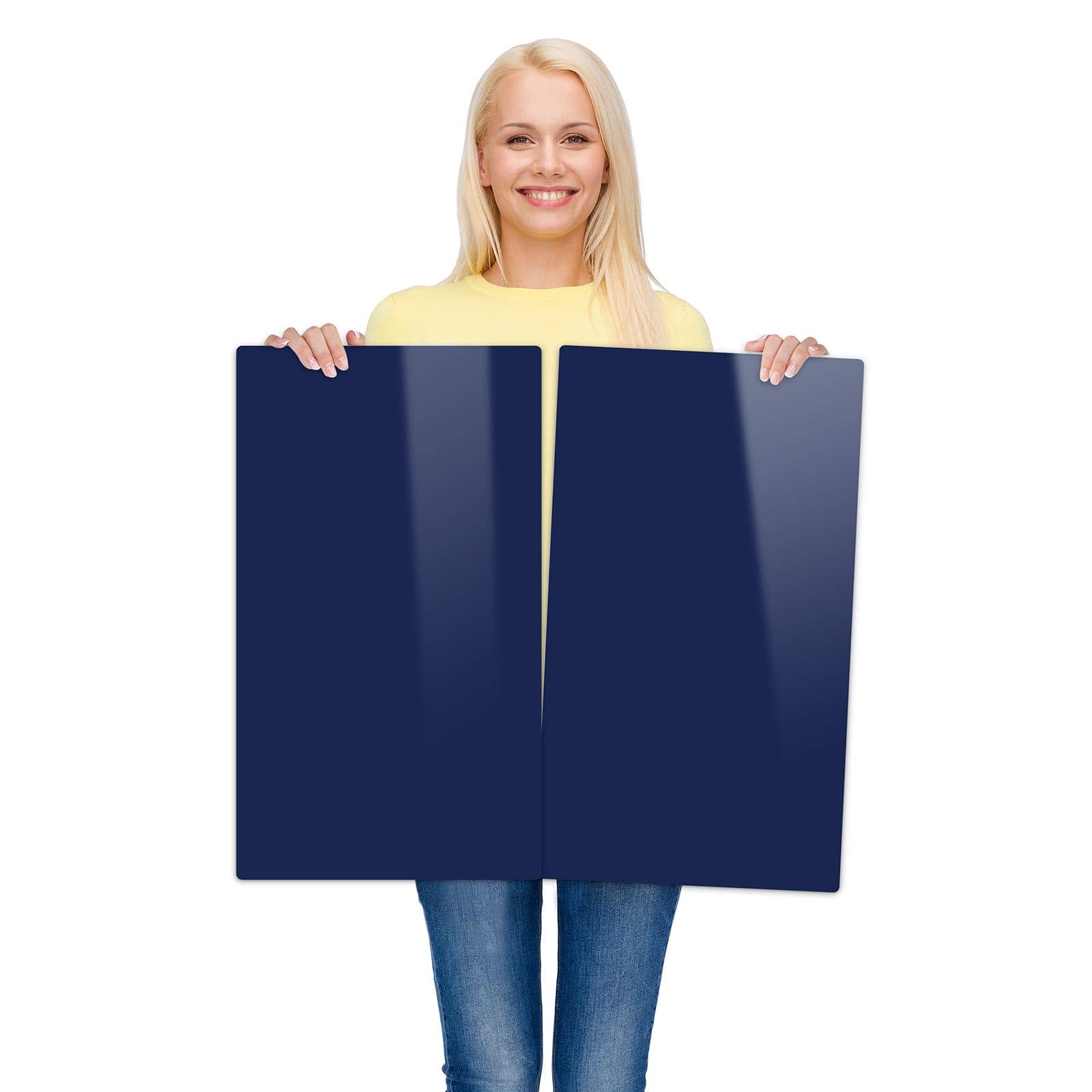 2-teilige Herd Glasplatte mit Marineblauer Hintergrund II-Motiv wird zur Größendarstellung gehalten