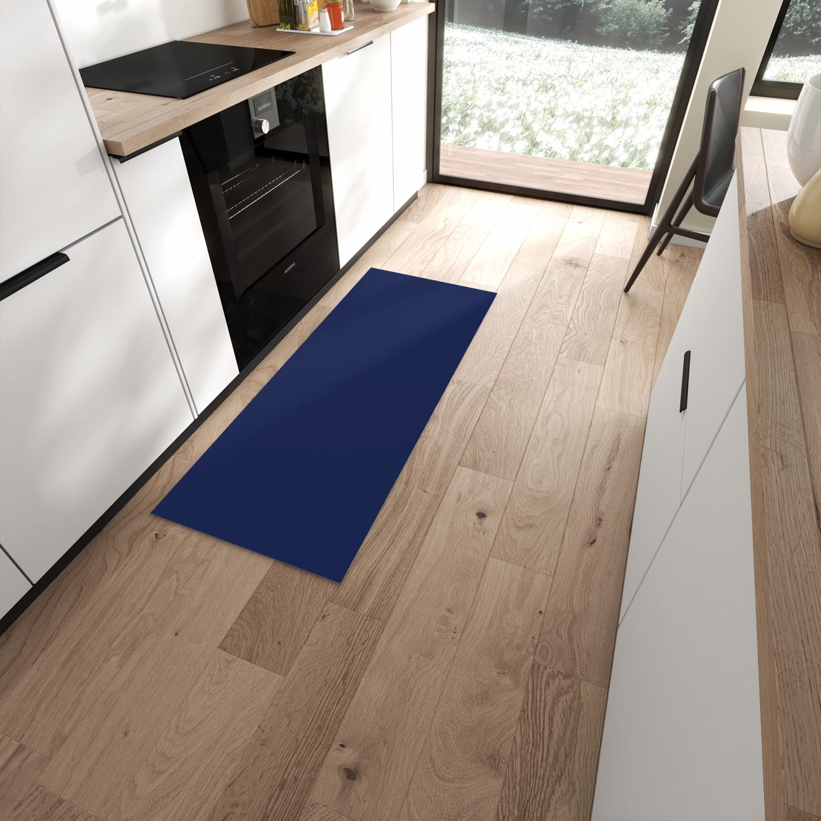 Formstabiler rutschfester Küchenteppich mit Motiv Marineblauer Hintergrund II in moderner Küche #grösse_60 x 150 cm