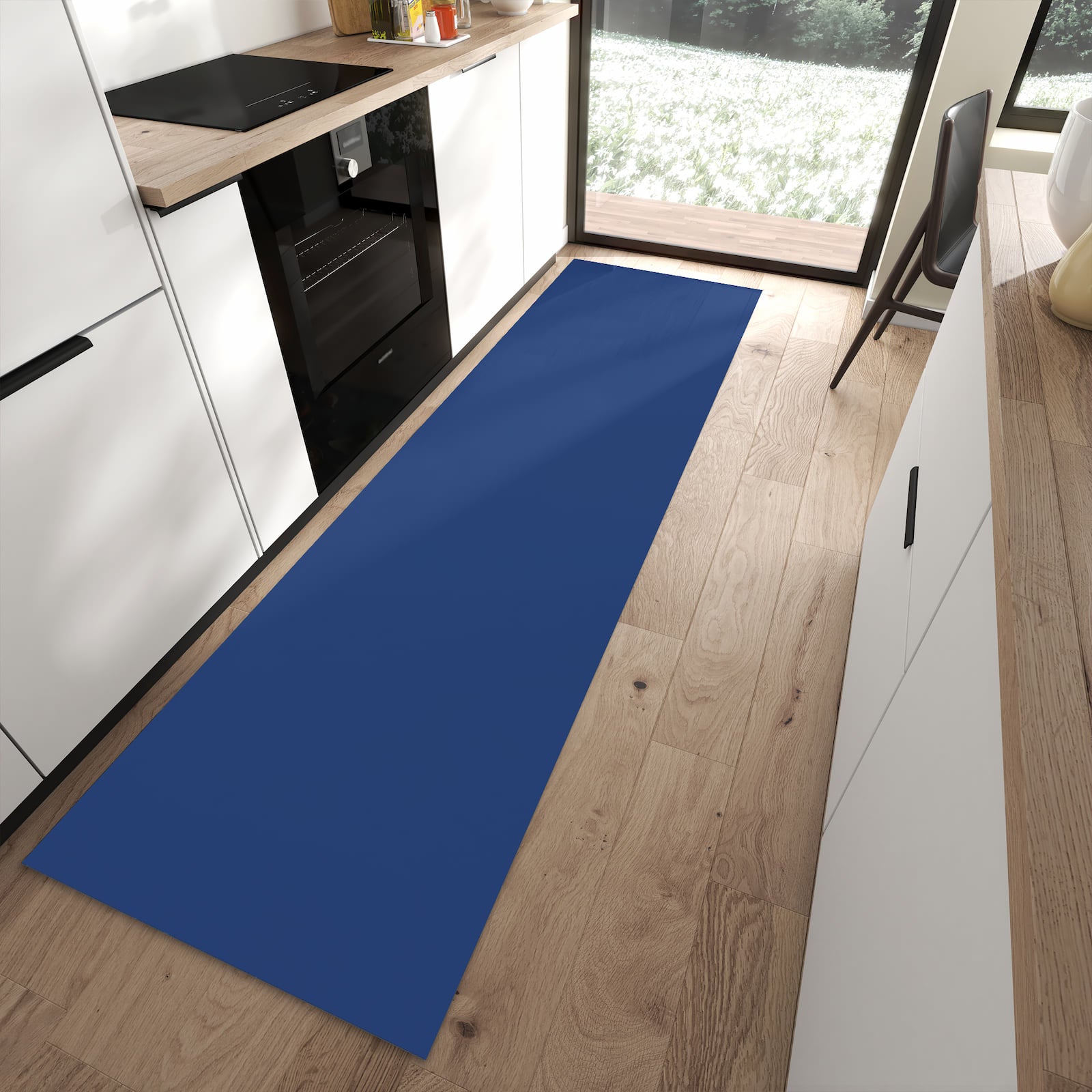 Feuchtigkeitsresistenter waschbarer Küchenläufer mit Motiv Marineblauer Hintergrund III in moderner Küche