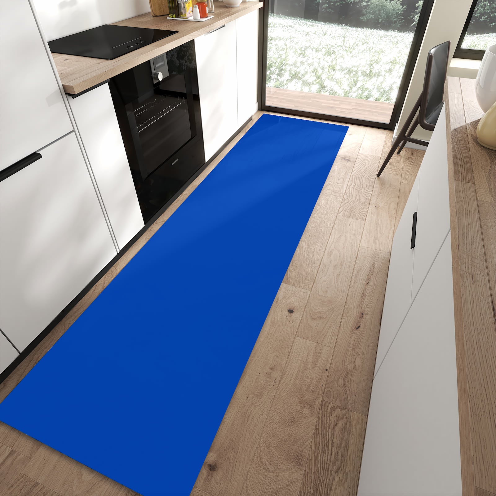 Rutschfester Küchenläufer mit Motiv Dunkelblauer Hintergrund II in moderner Küche