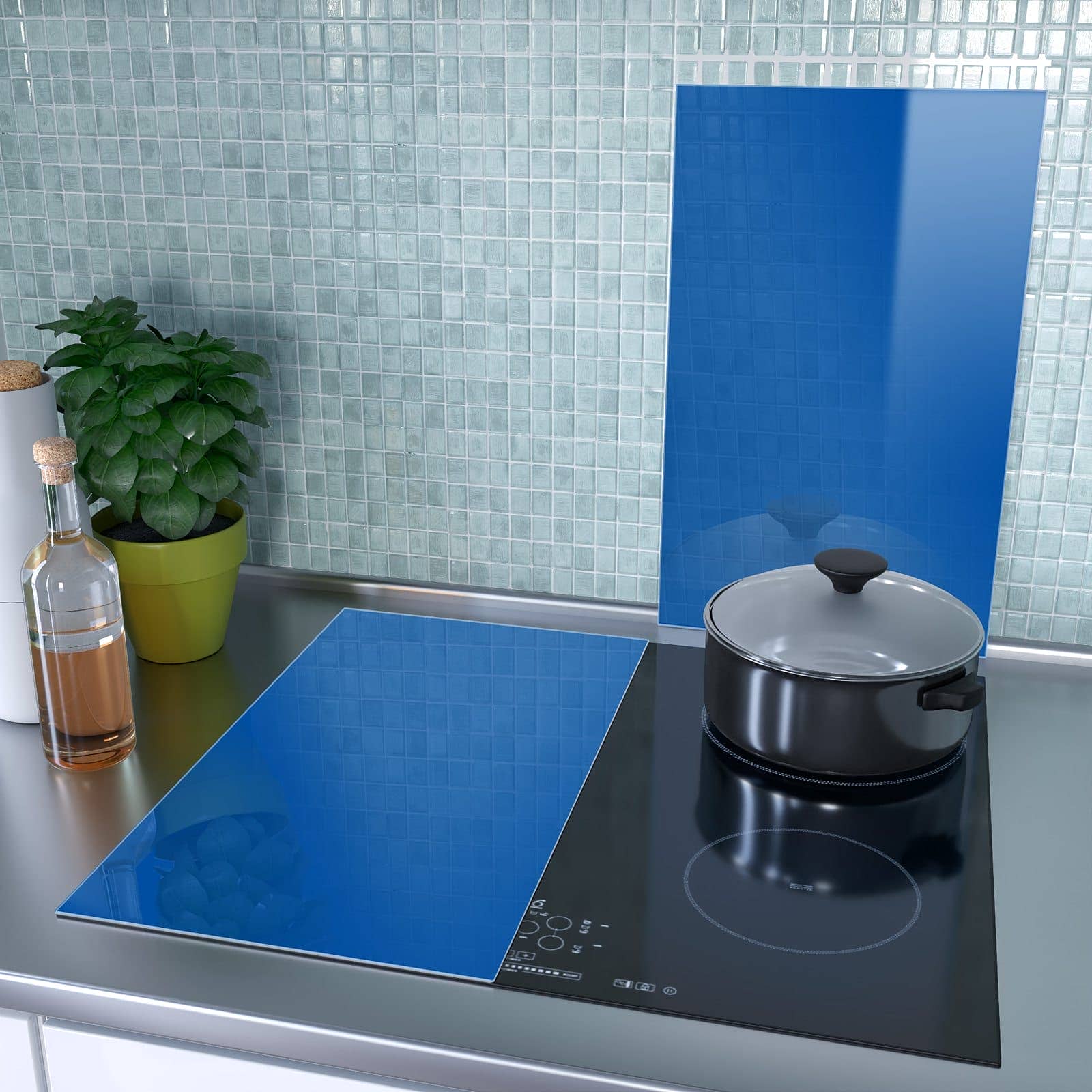 2-teilige Herdabdeckplatte mit Dunkelblauer Hintergrund III-Motiv als Spritzschutz hinter dem Kochfeld