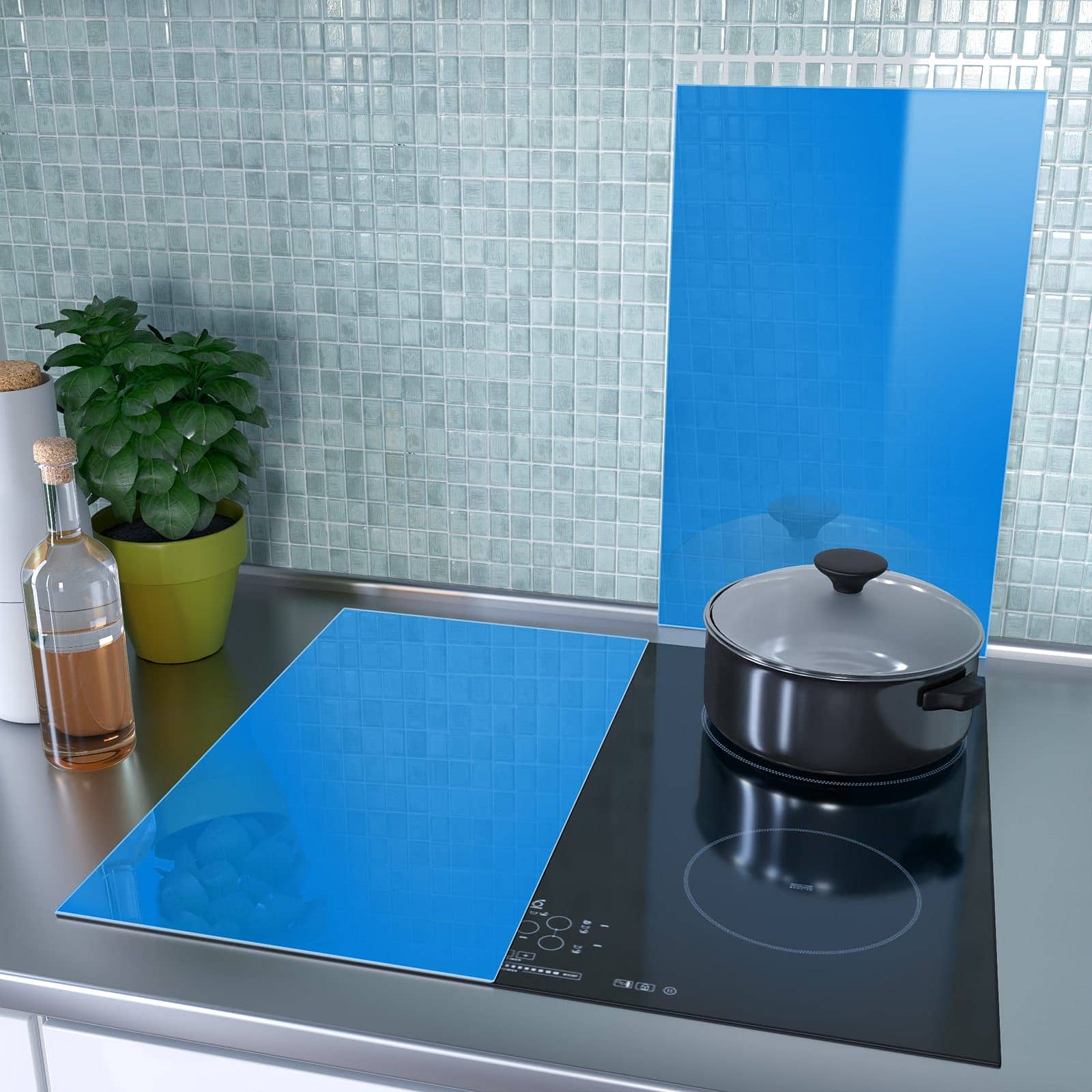 2-teilige Herdabdeckplatte mit Hellblauer Hintergrund I-Motiv als Spritzschutz hinter dem Kochfeld