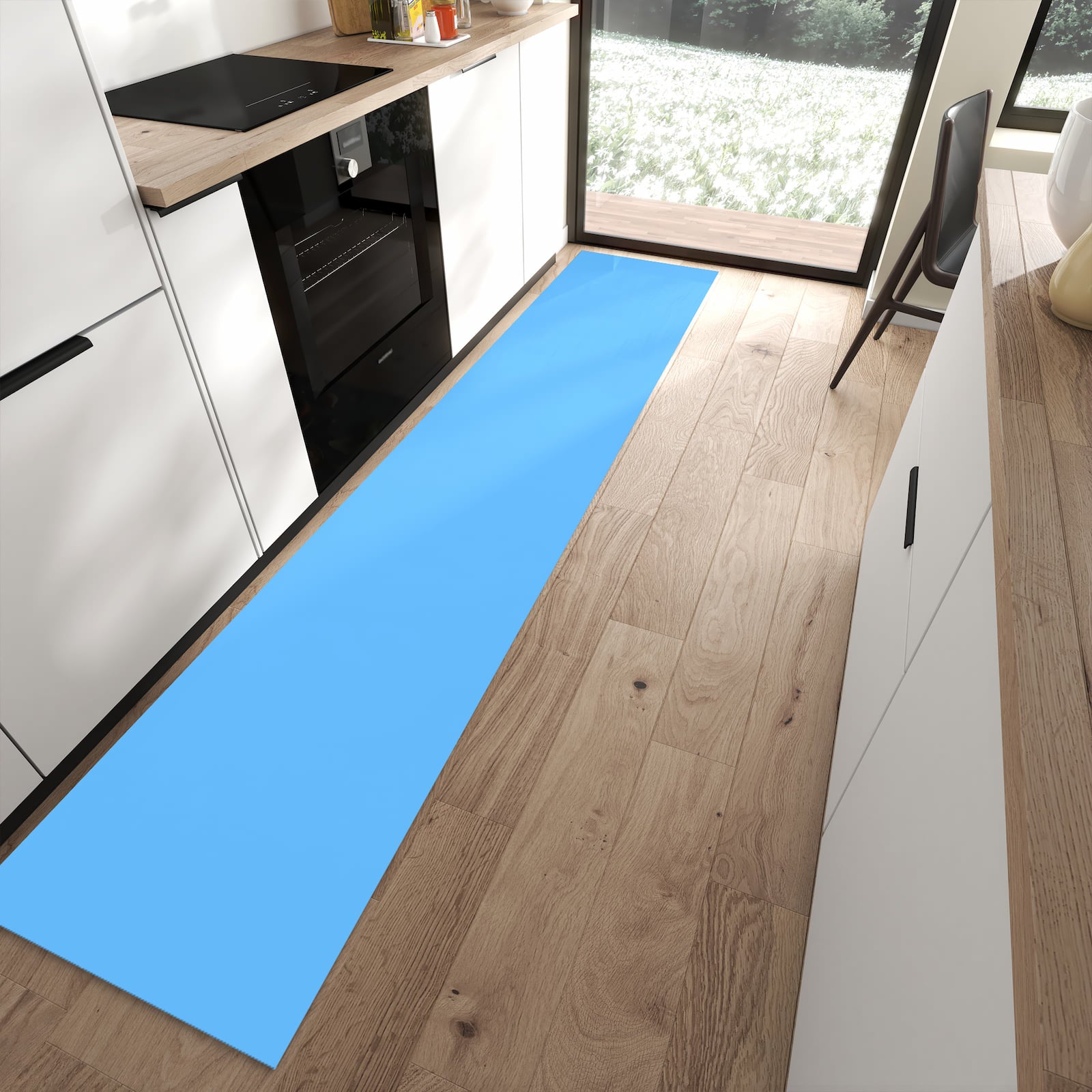 Rutschfester Küchenteppich mit Motiv Himmelblauer Hintergrund in moderner Küche - leicht zu reinigen