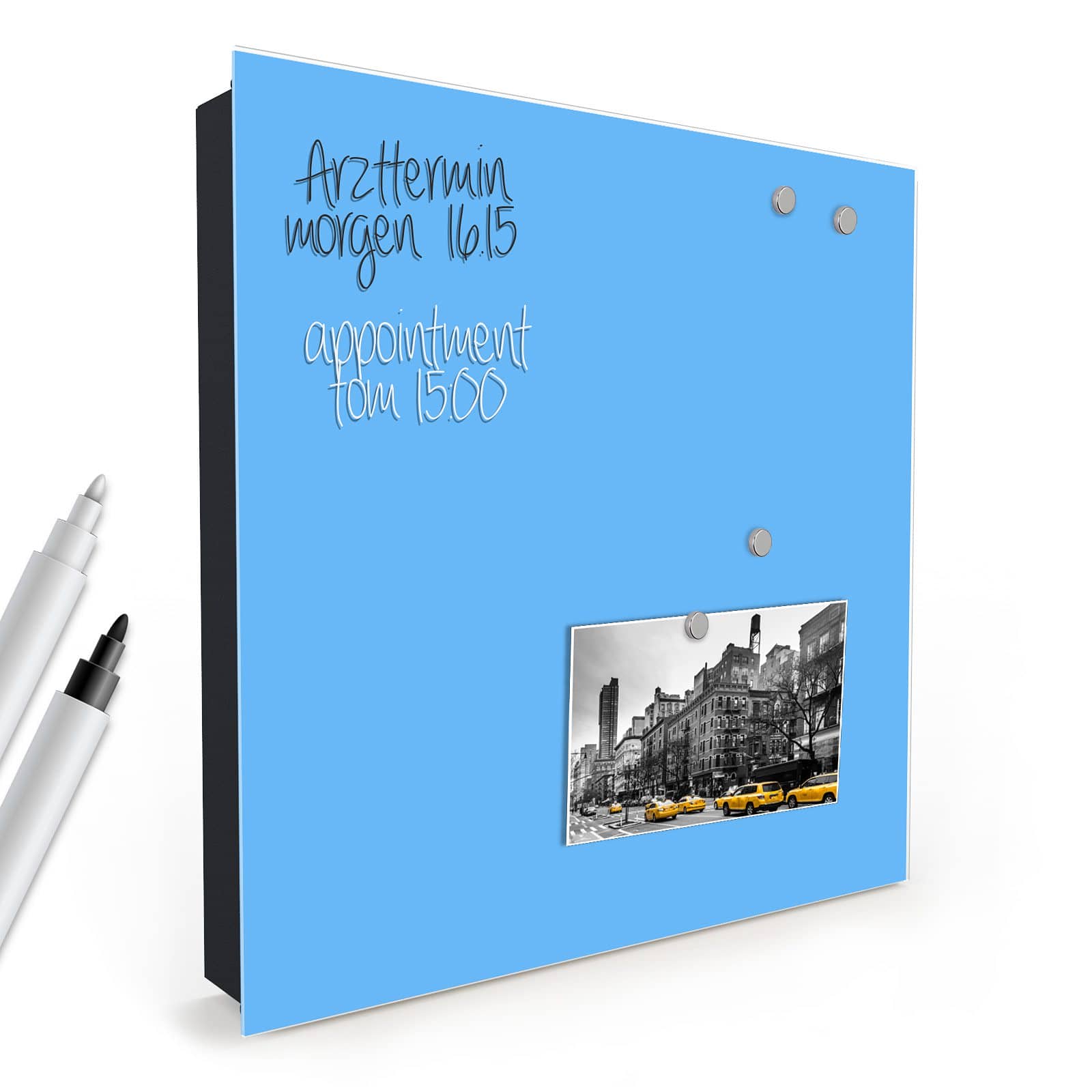 Pflegeleichter Schlüsselkasten modern flur mit Motiv Himmelblauer Hintergrund in schräger Produktansicht mit Zubehör