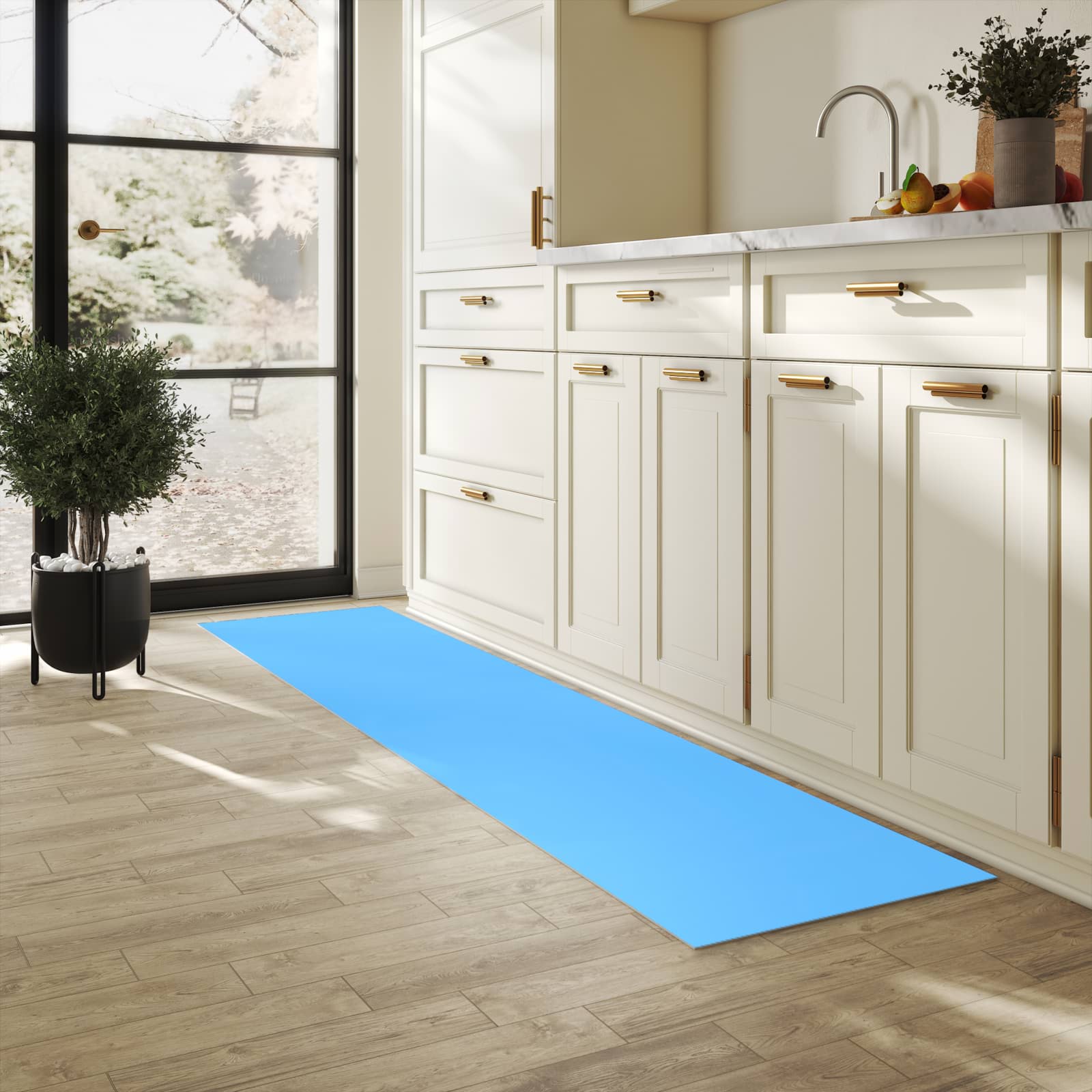 Komfortabler Läufer mit Motiv Himmelblauer Hintergrund in heller Küche für rutschfesten Stand