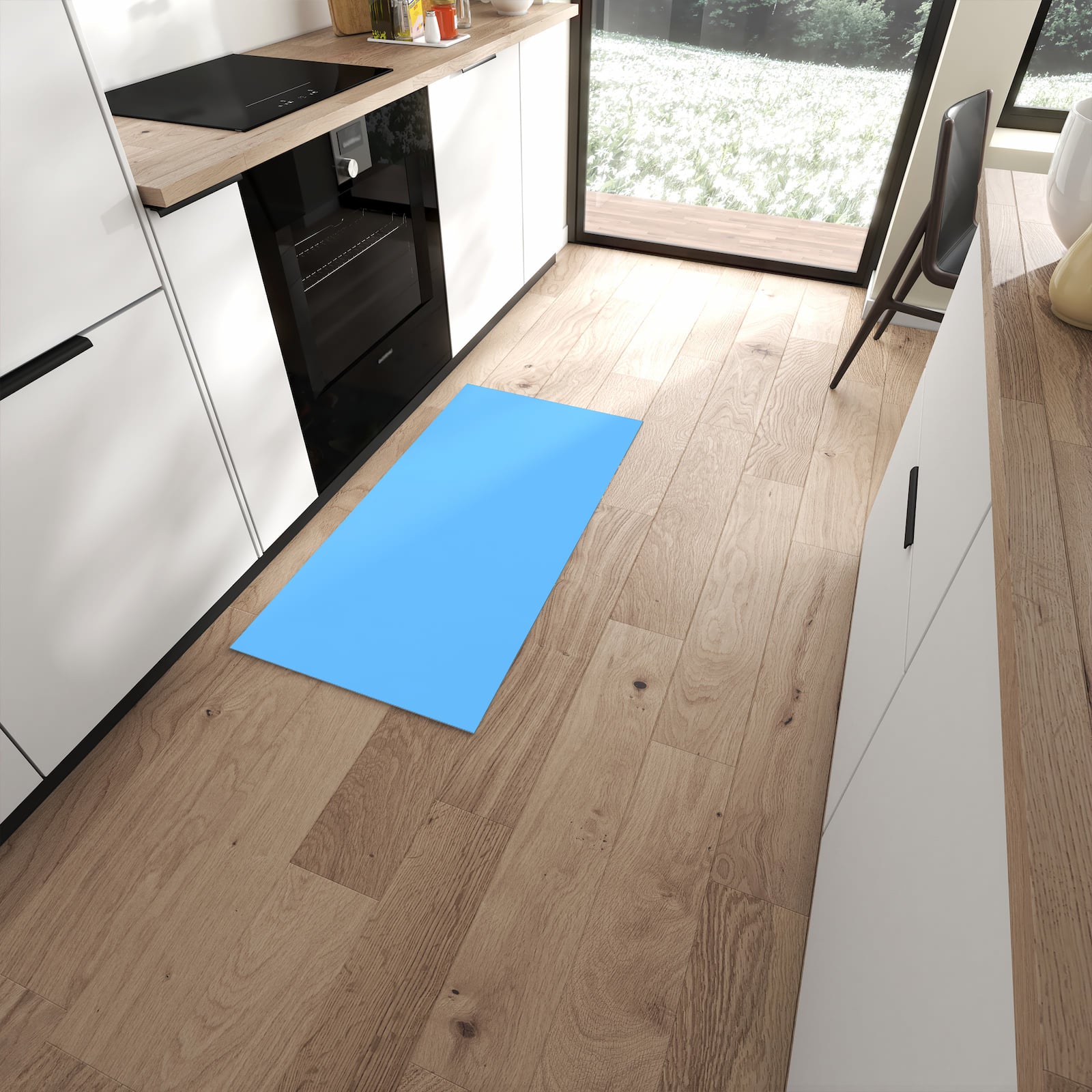 Langlebiger Bodenläufer mit Motiv Himmelblauer Hintergrund in moderner Küche #grösse_60 x 120 cm