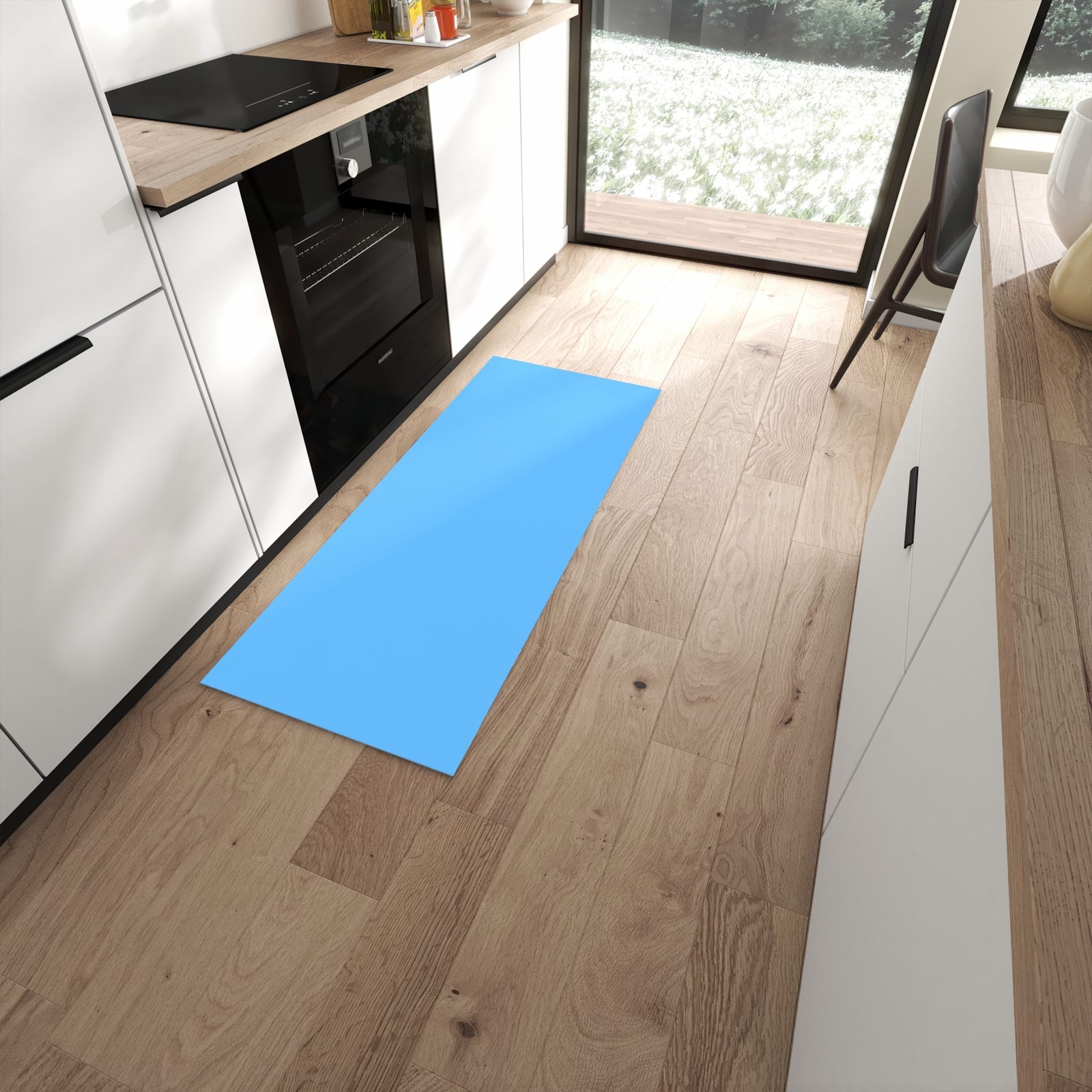 Flacher Bodenläufer mit Motiv Himmelblauer Hintergrund in moderner Küche #grösse_60 x 150 cm