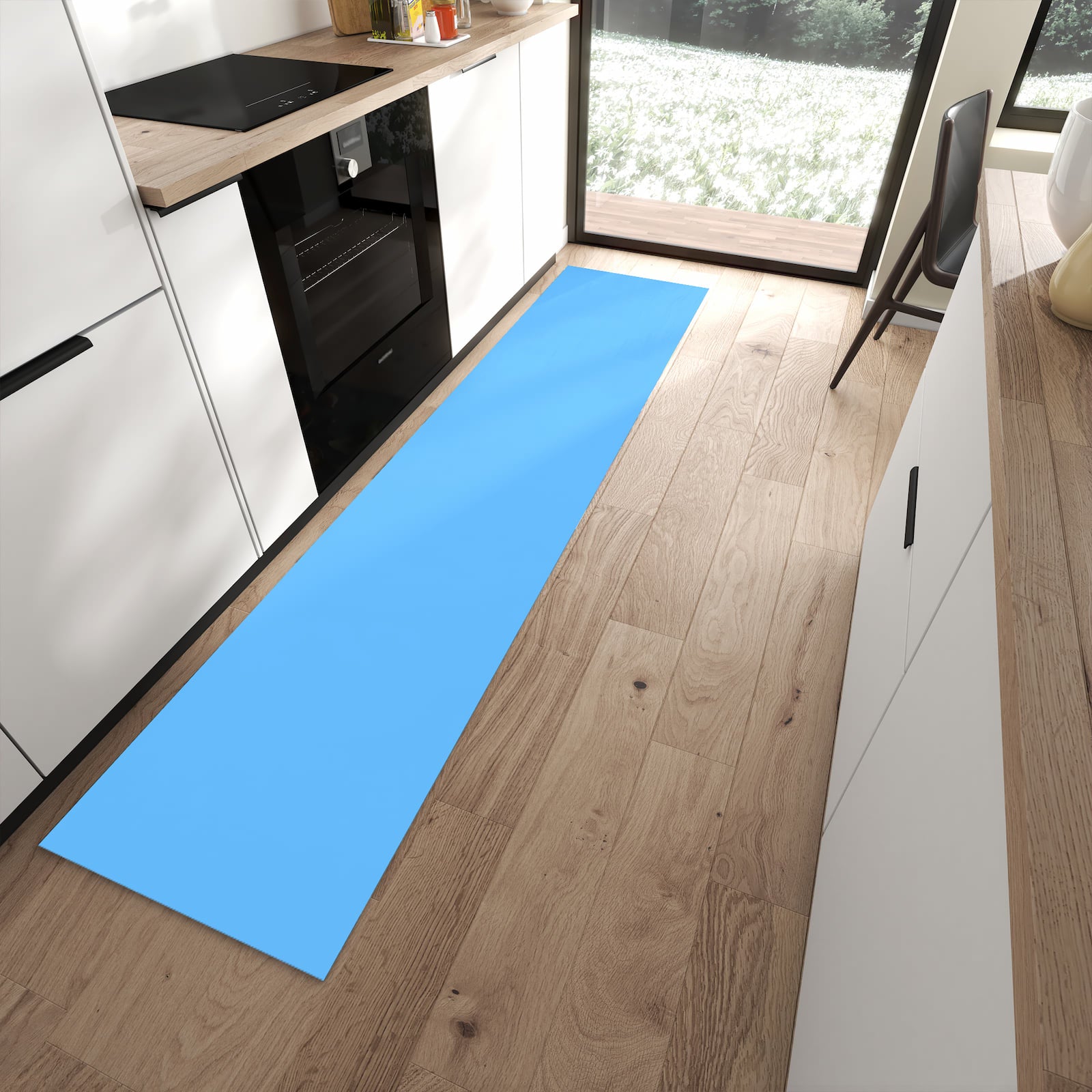 Rutschfester Küchenläufer mit Motiv Himmelblauer Hintergrund in moderner Küche