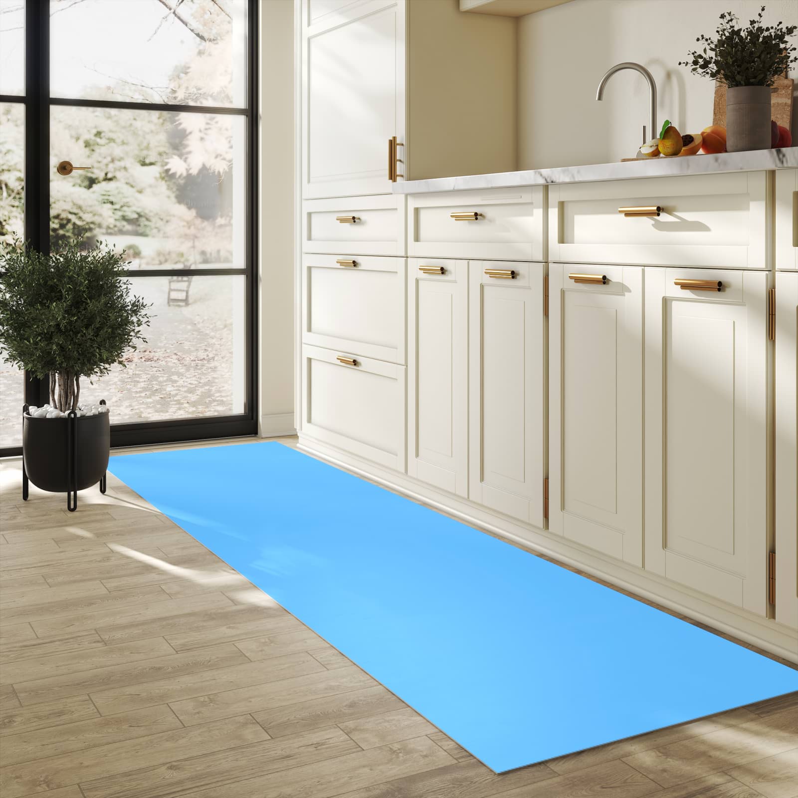 Waschbarer rutschfester Küchenteppich mit Motiv Himmelblauer Hintergrund in heller Küche