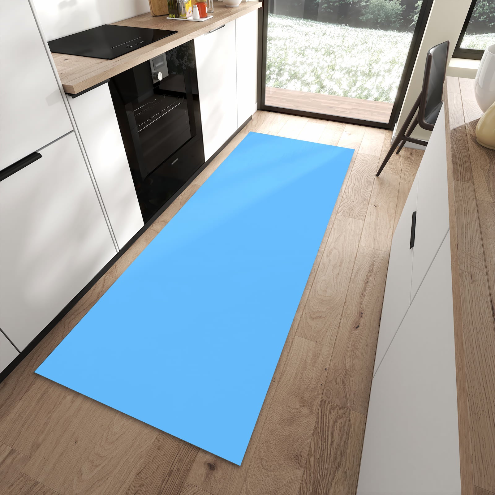 Feuchtigkeitsresistenter Küchenläufer mit Motiv Himmelblauer Hintergrund in moderner Küche