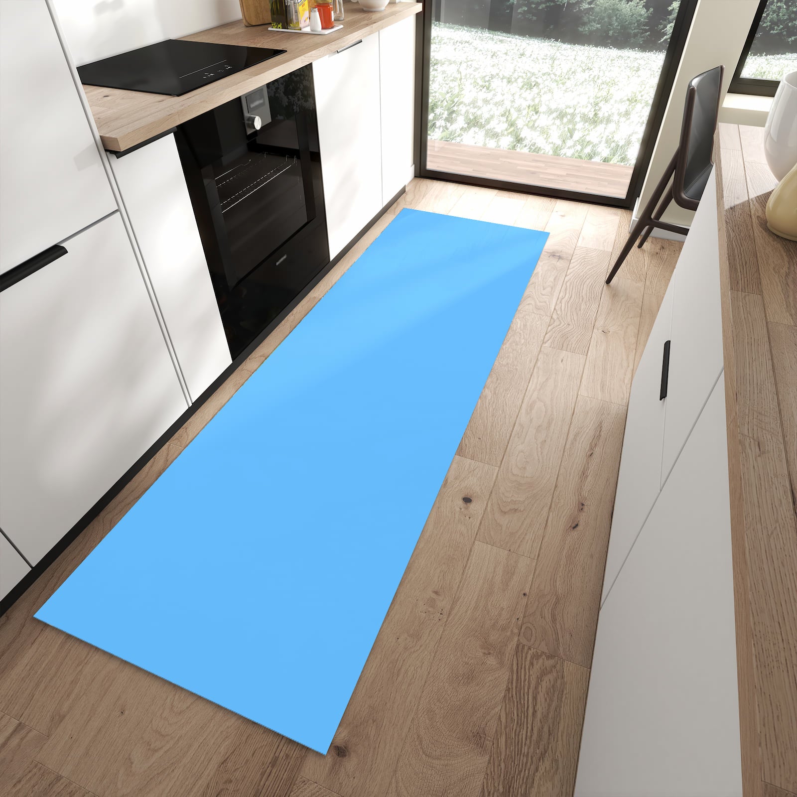 Strapazierfähiger waschbarer Küchenteppich mit Motiv Himmelblauer Hintergrund in moderner Küche