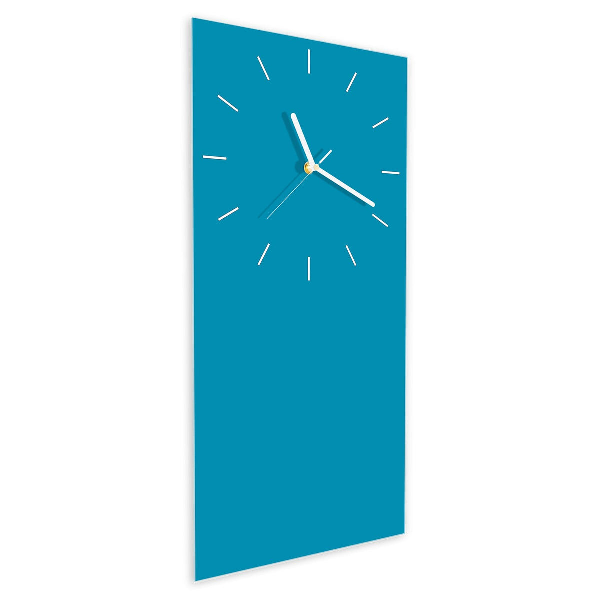 Wanduhr aus Glas im Hochformat Petrolblau schräg von der Seite, 4 mm starkes Glas