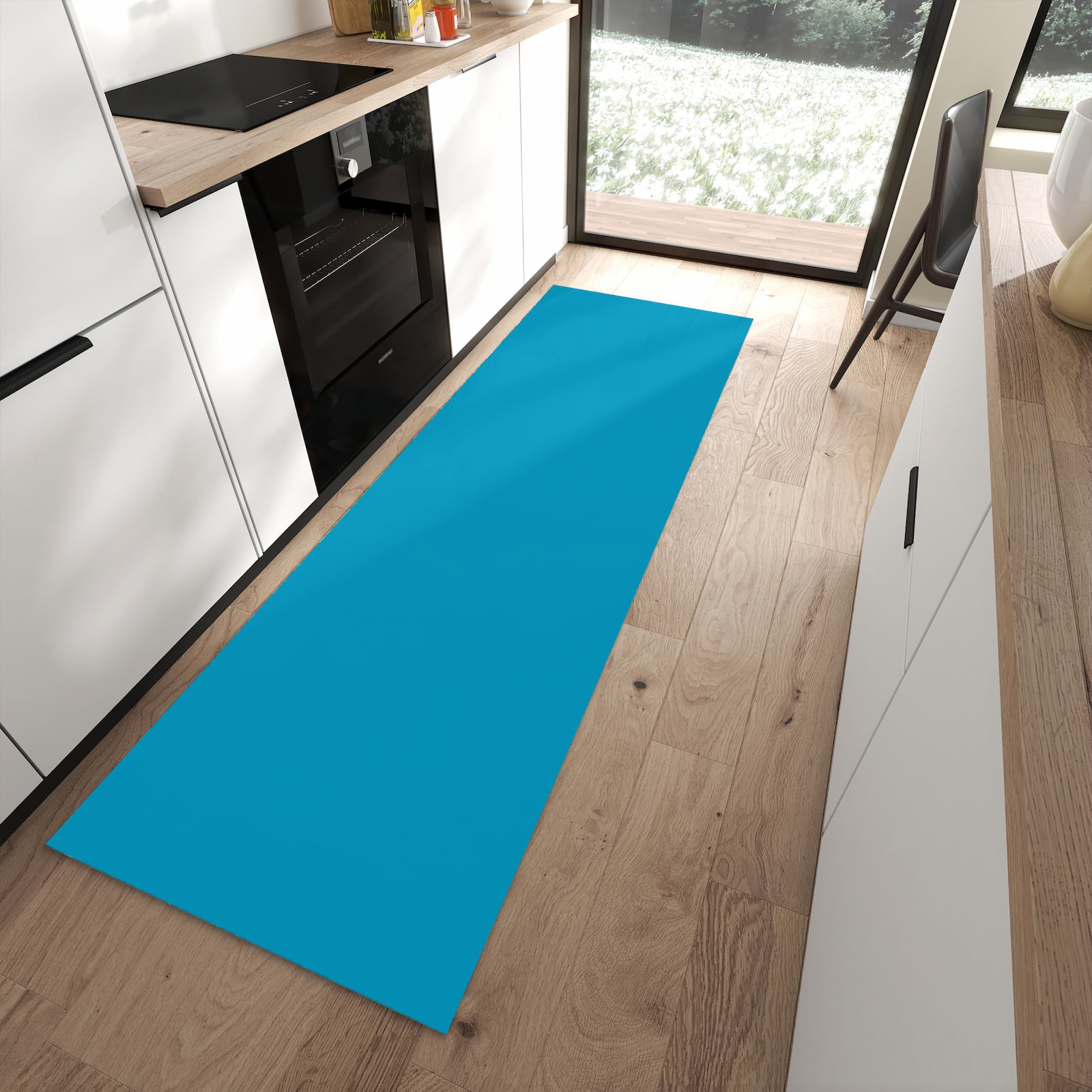 Rutschfester Küchenteppich mit Motiv Türkiser Hintergrund I für Trittkomfort in moderner Küche
