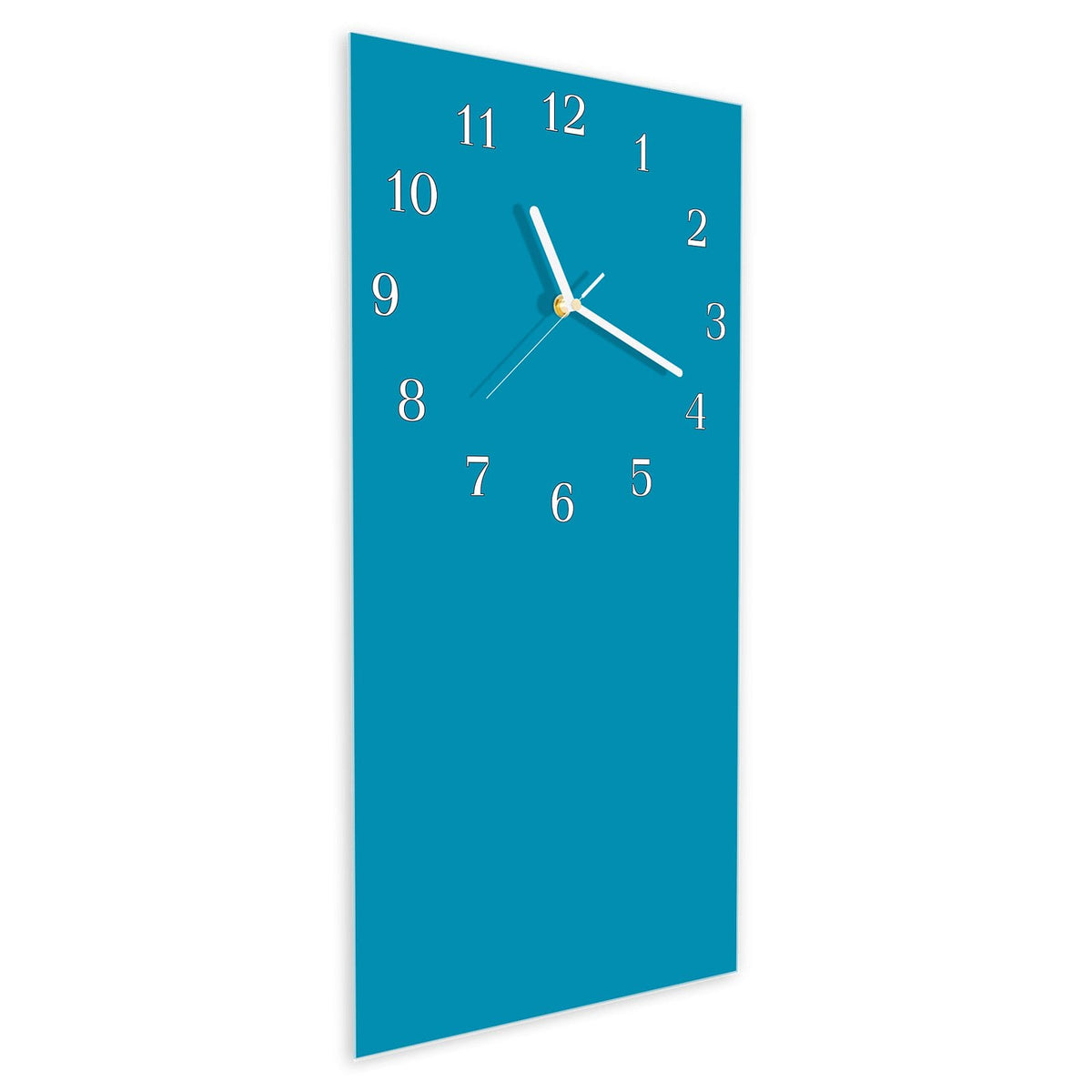 Wanduhr aus Glas im Hochformat Petrolblau schräg von der Seite, 4 mm starkes Glas