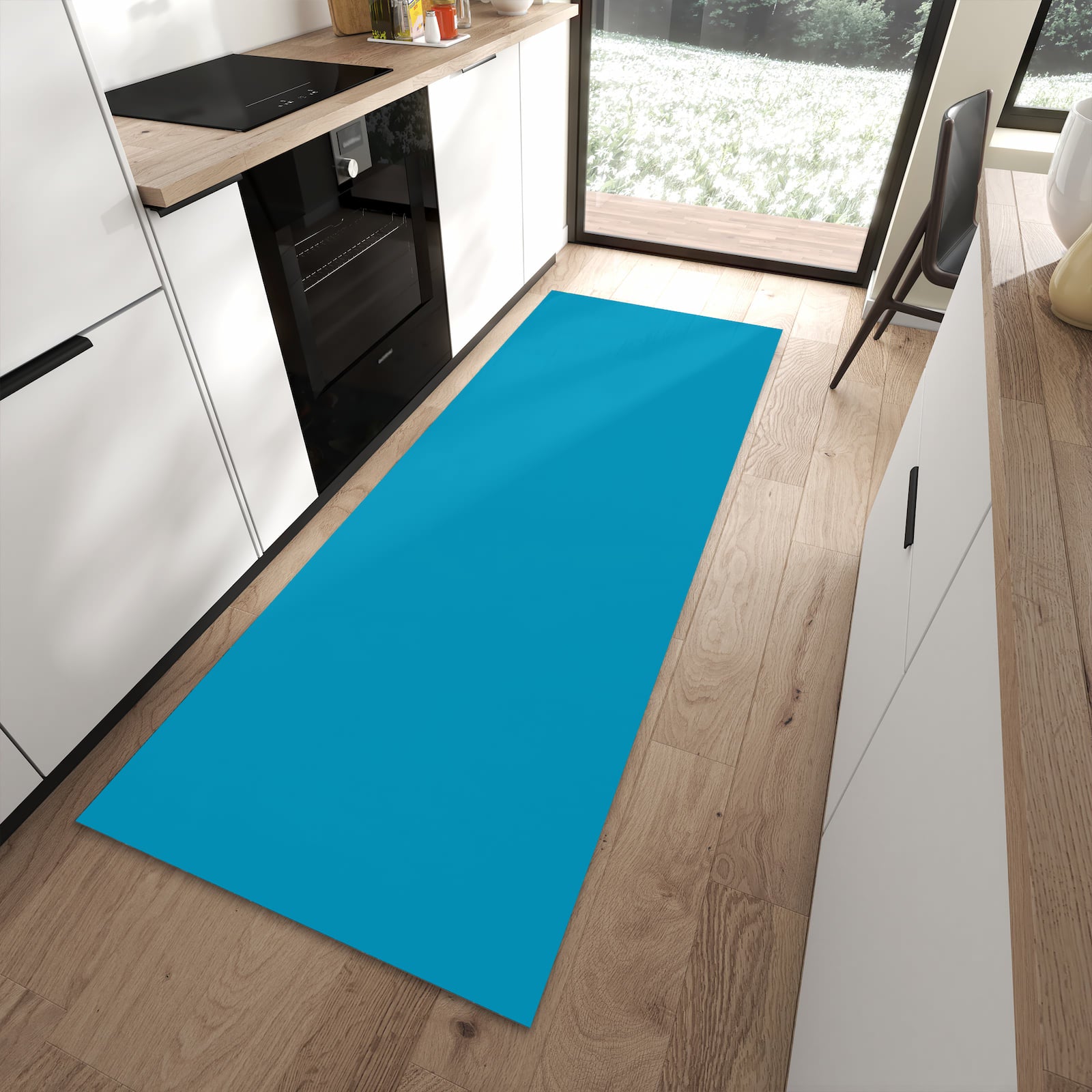Geruchsneutraler rutschfester Küchenteppich mit Motiv Türkiser Hintergrund I in moderner Küche