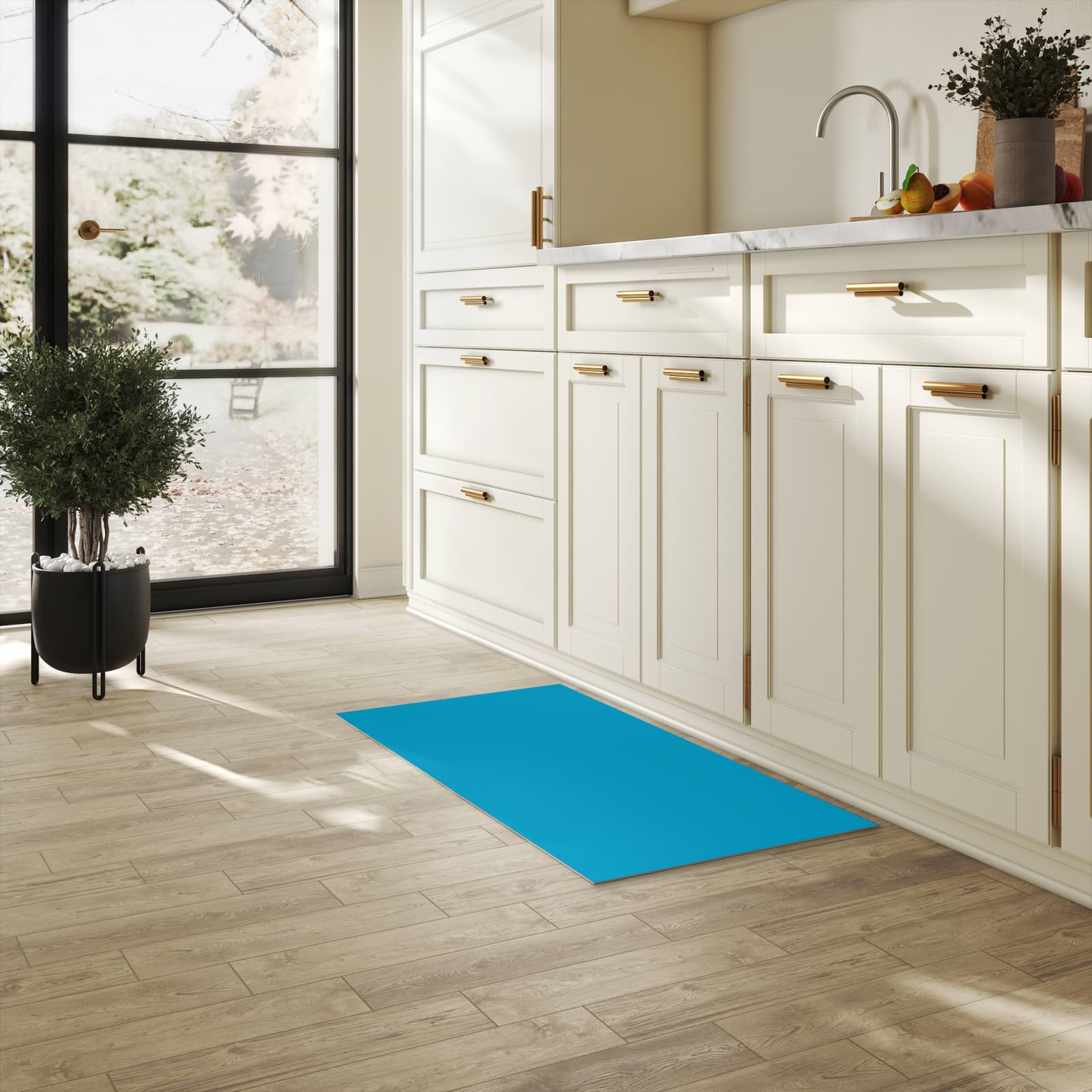 Küchenteppich mit Motiv Türkiser Hintergrund I für Ordnung in heller Küche
