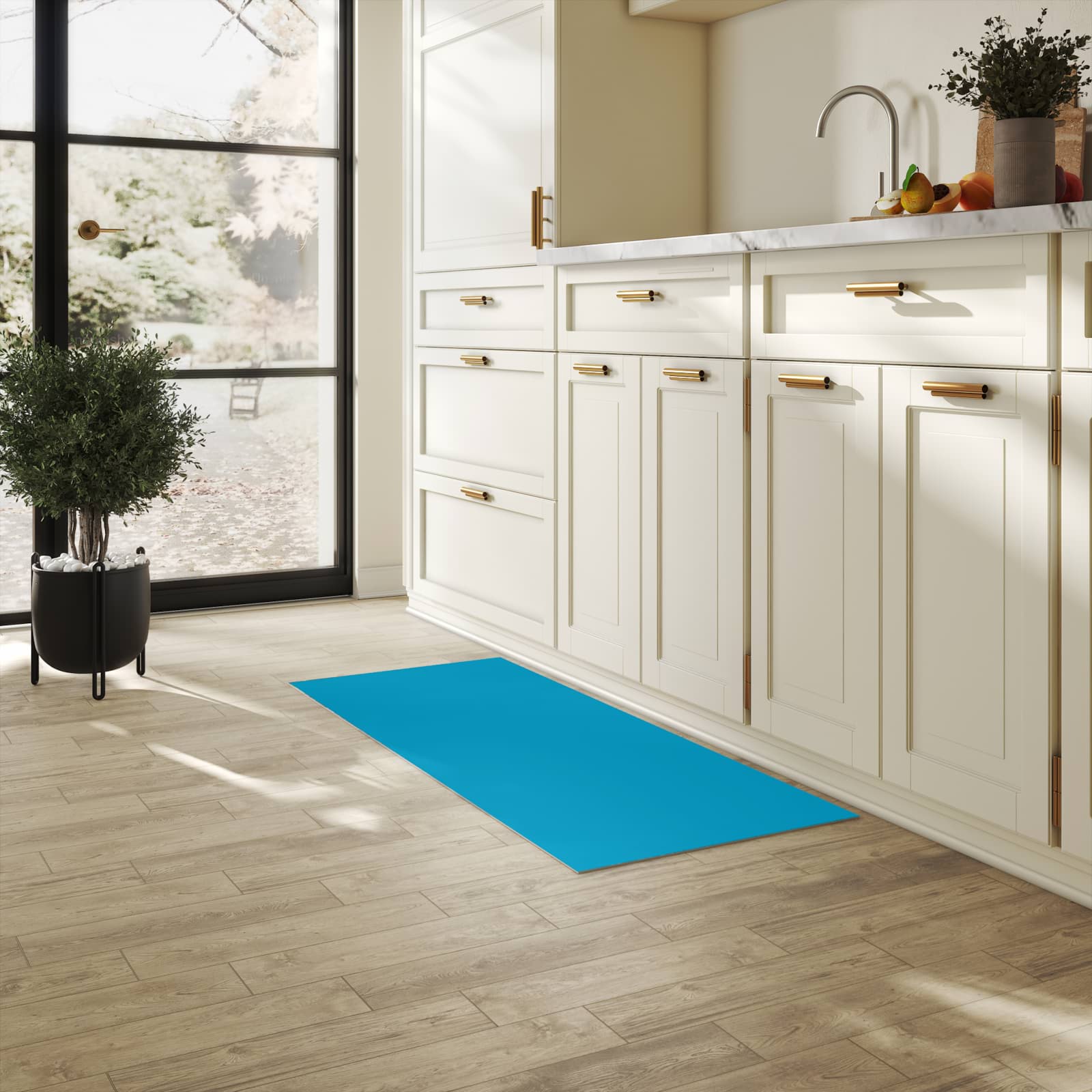 Bodenschonender Küchenteppich mit Motiv Türkiser Hintergrund I in heller Küche