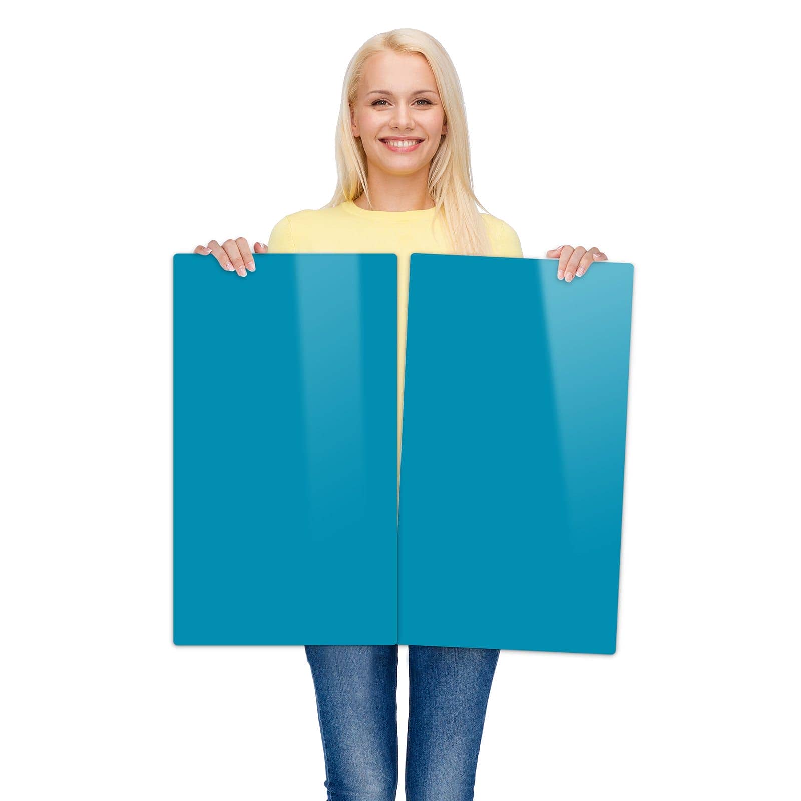 2-teilige Herdabdeckplatte mit Türkiser Hintergrund I-Motiv wird zur Größendarstellung gehalten