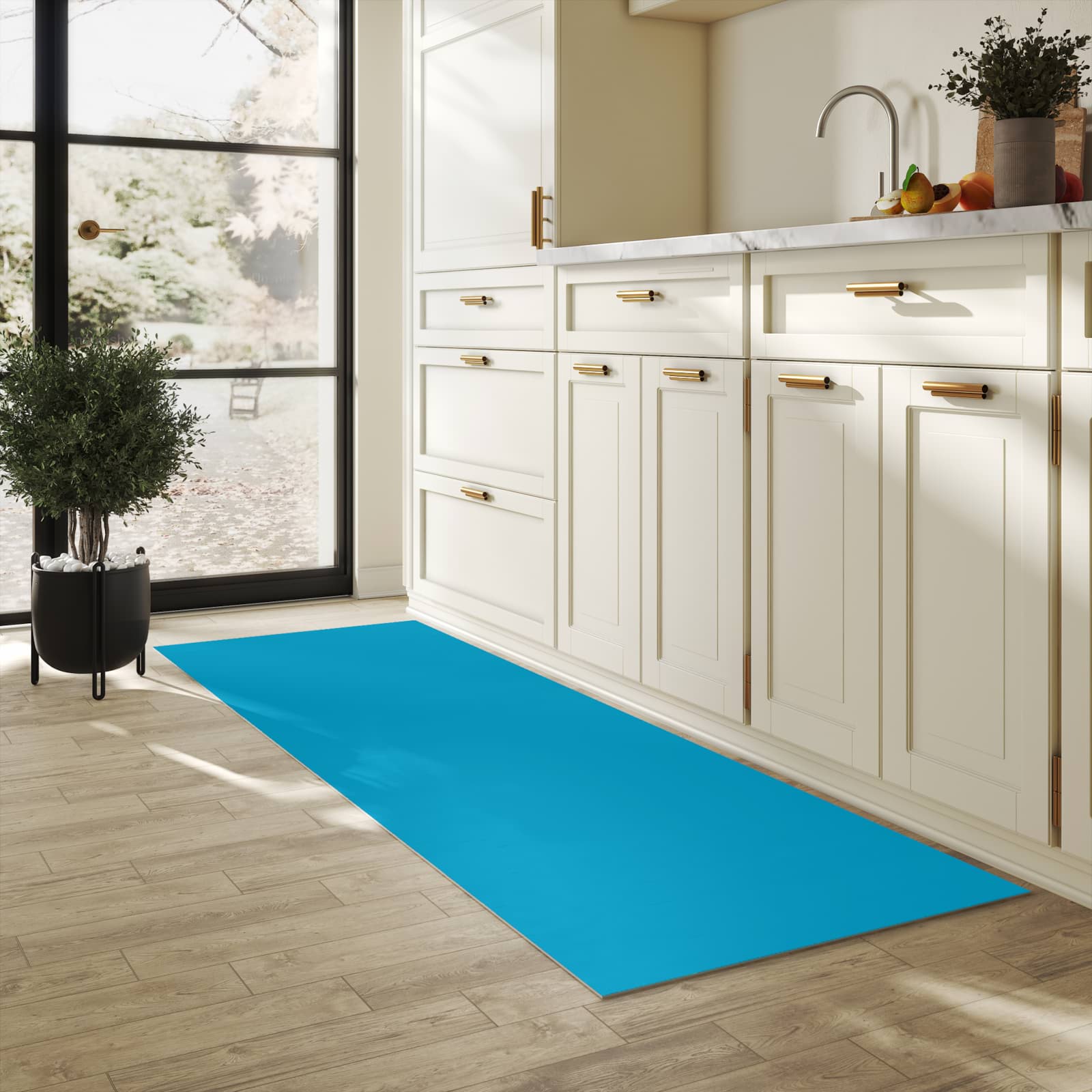 UV-beständiger Küchenvorleger mit Motiv Türkiser Hintergrund I in heller Küche