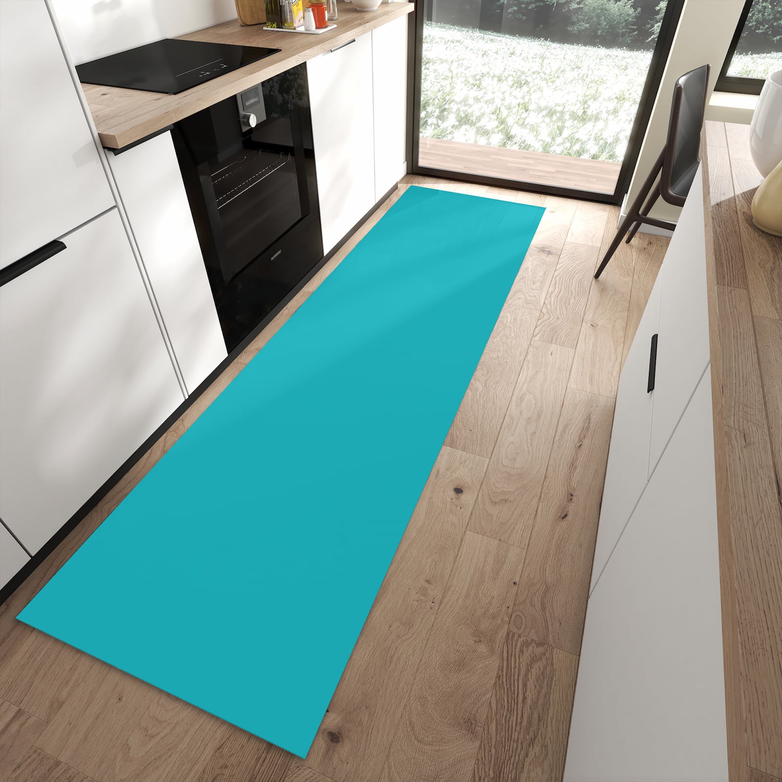 Rutschfester Küchenläufer mit Motiv Türkiser Hintergrund II in moderner Küche