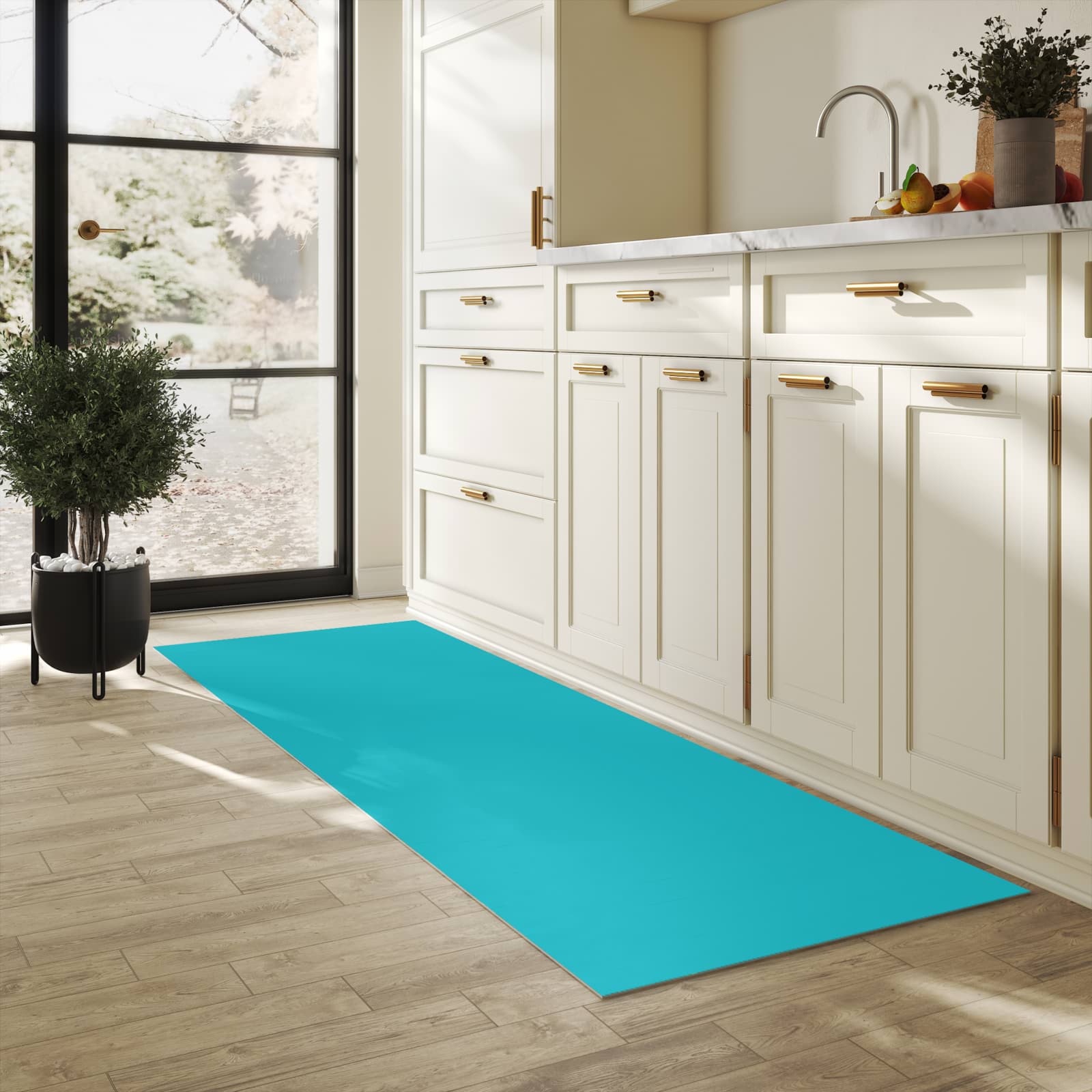 Abwaschbarer Küchenteppich mit Motiv Türkiser Hintergrund II in heller Küche