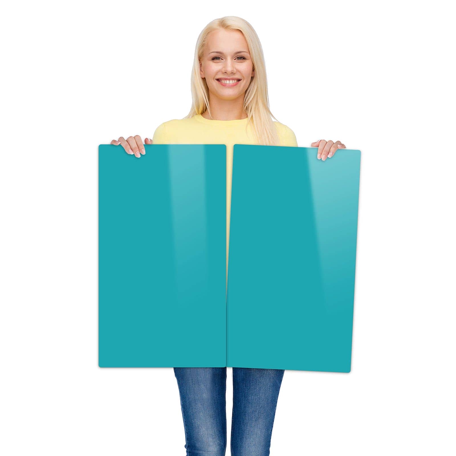 2-teilige Abdeckplatte für Induktionsherd mit Türkiser Hintergrund II-Motiv wird zur Größendarstellung gehalten