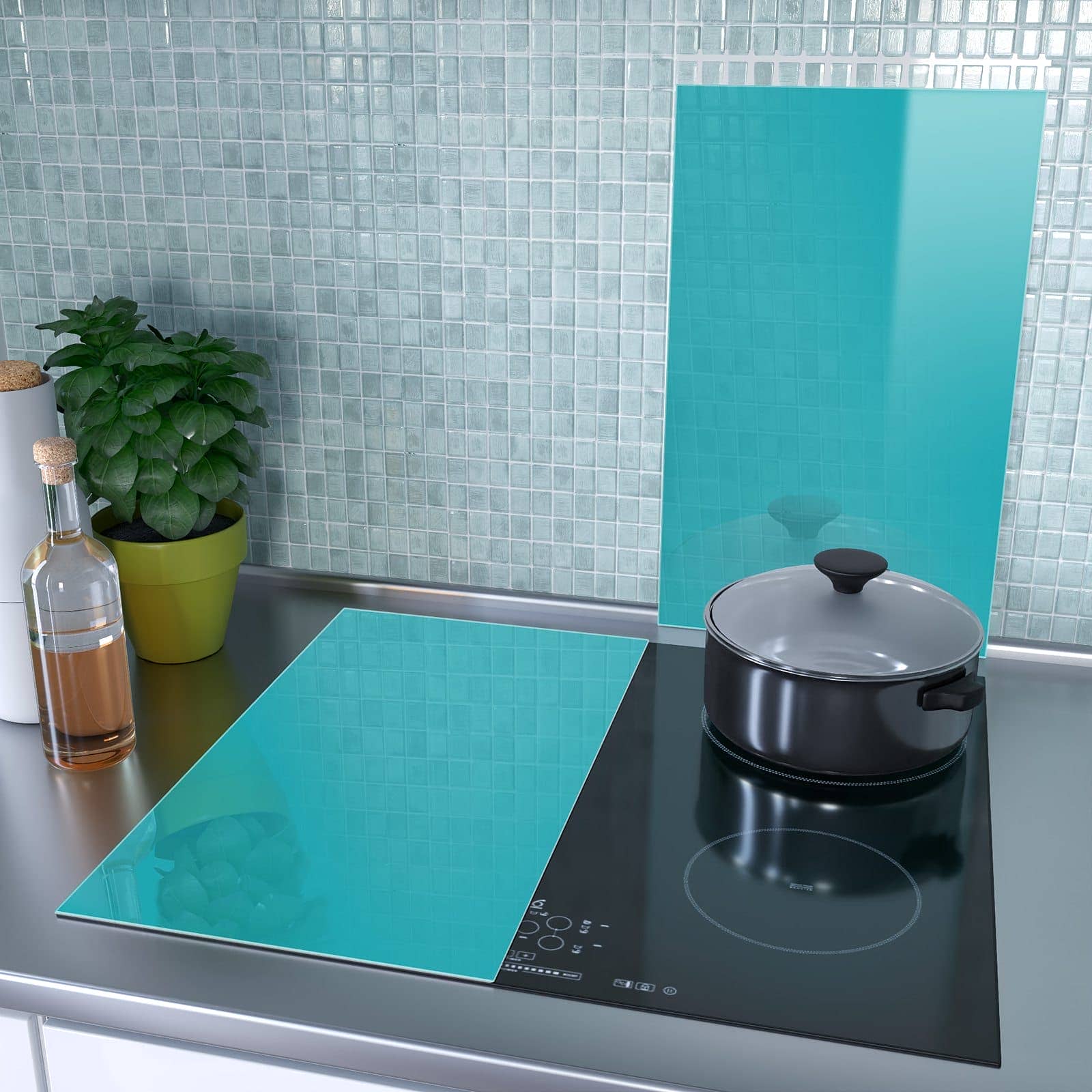 2-teilige Herdabdeckplatte mit Türkiser Hintergrund II-Motiv als Spritzschutz hinter dem Kochfeld