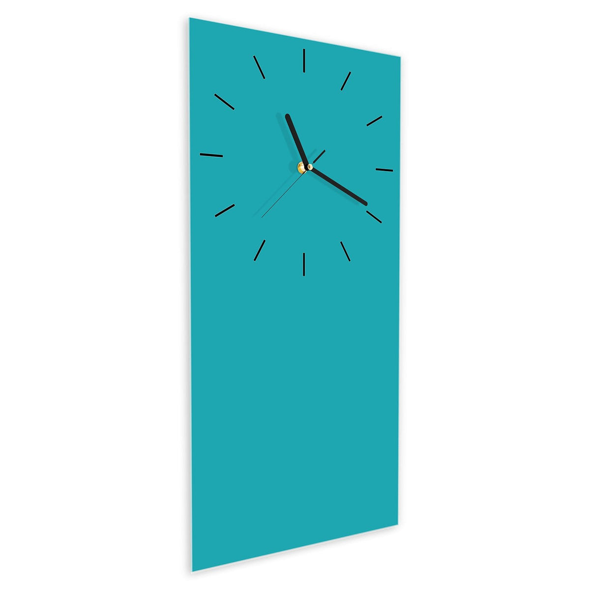 Wanduhr aus Glas im Hochformat Lagunentürkis schräg von der Seite, 4 mm starkes Glas