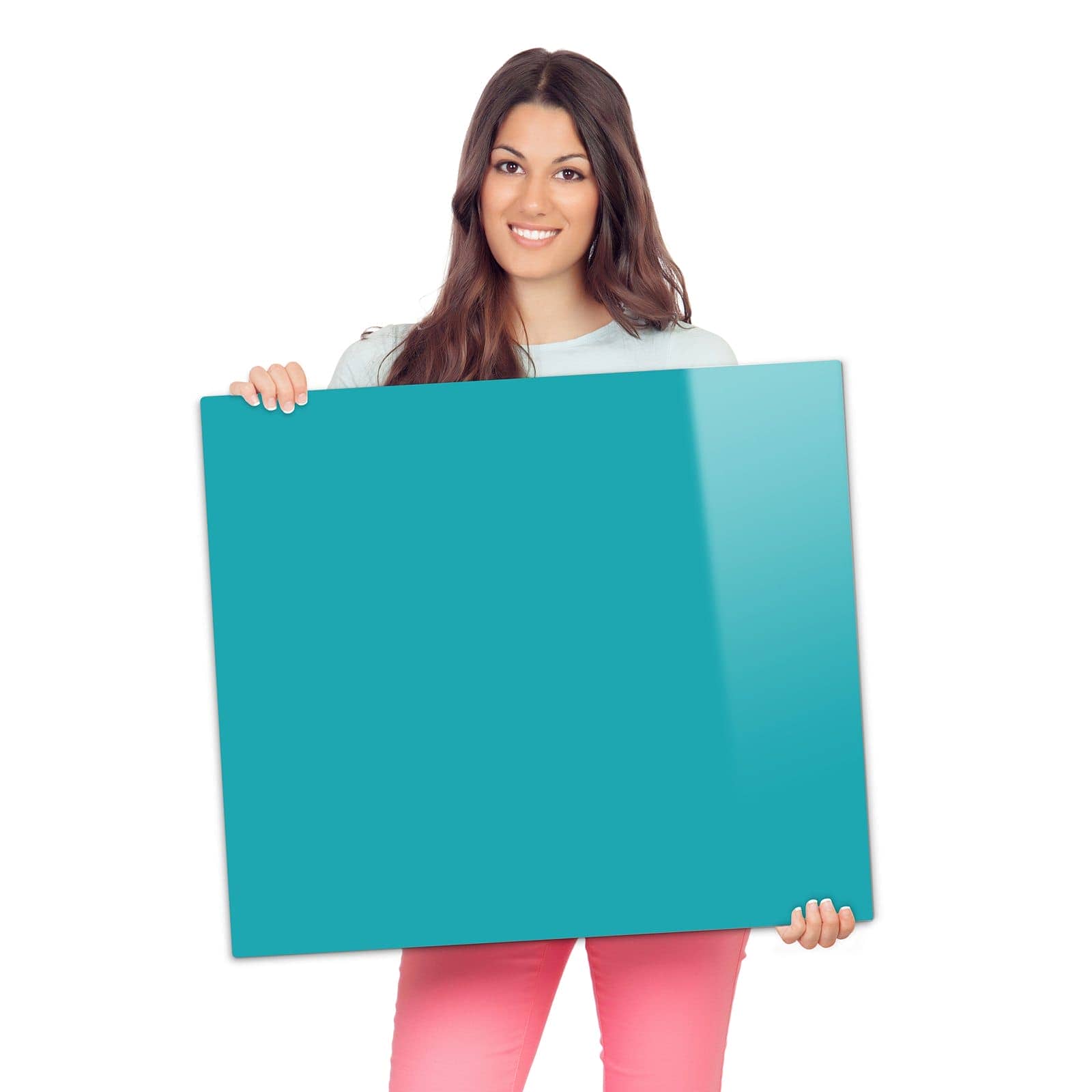 Herdabdeckung aus Glas mit Türkiser Hintergrund II-Motiv wird zur Größendarstellung gehalten