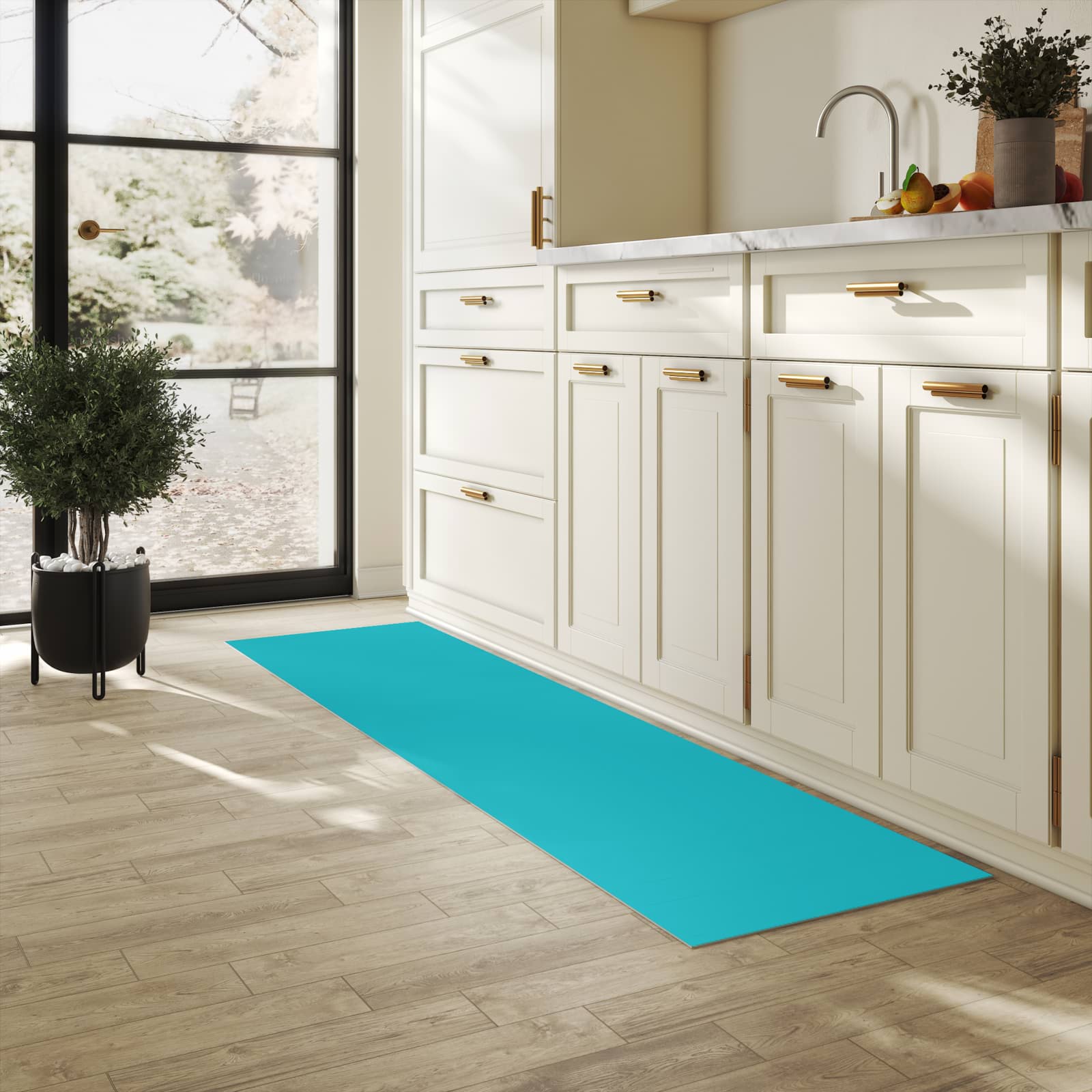 Rutschfester Küchenläufer mit Motiv Türkiser Hintergrund II in heller Küche