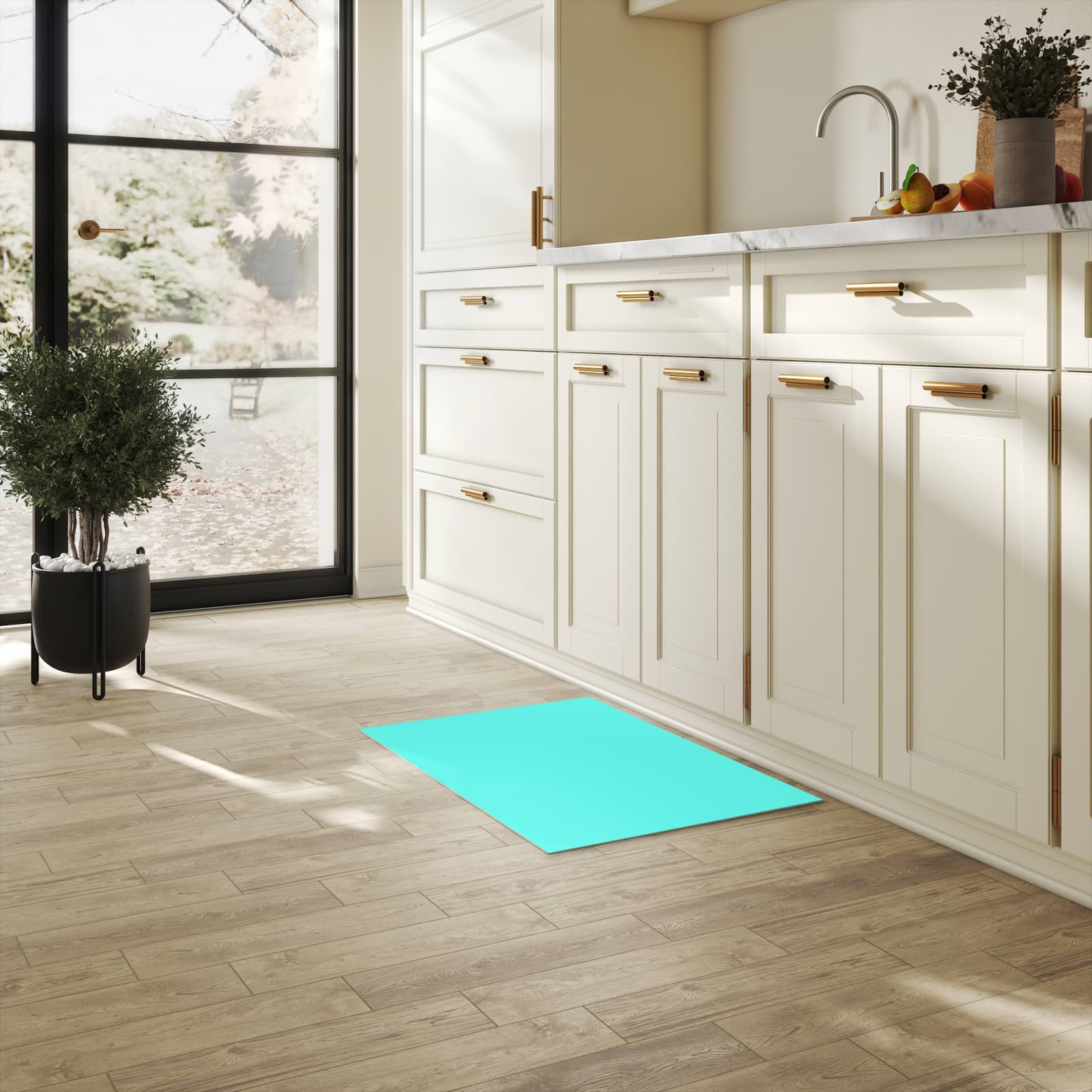 UV-beständiger Küchenteppich mit Motiv Mintblauer Hintergrund in heller Küche