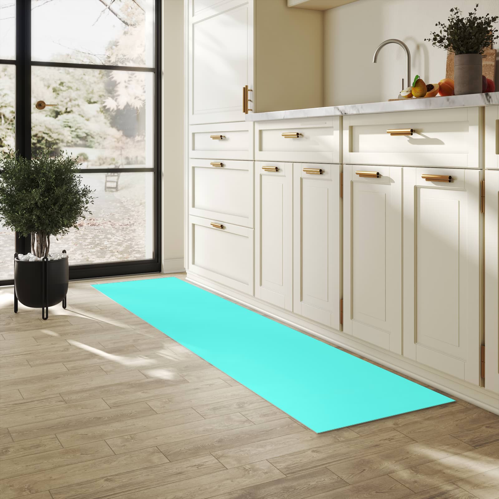 Geräuschdämpfender waschbarer Küchenteppich mit Motiv Mintblauer Hintergrund in heller Küche