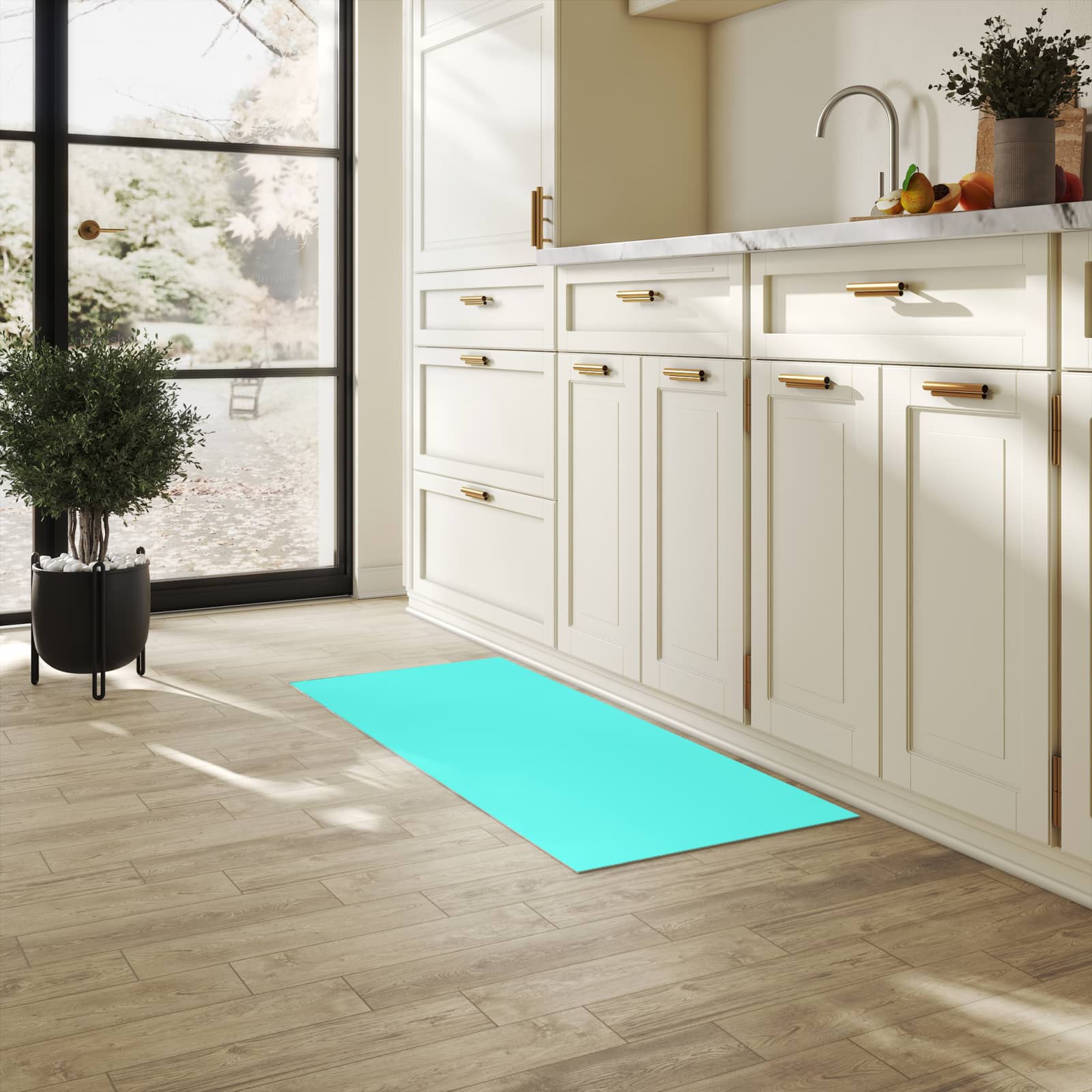 Formstabiler rutschfester Küchenteppich mit Motiv Mintblauer Hintergrund in heller Küche