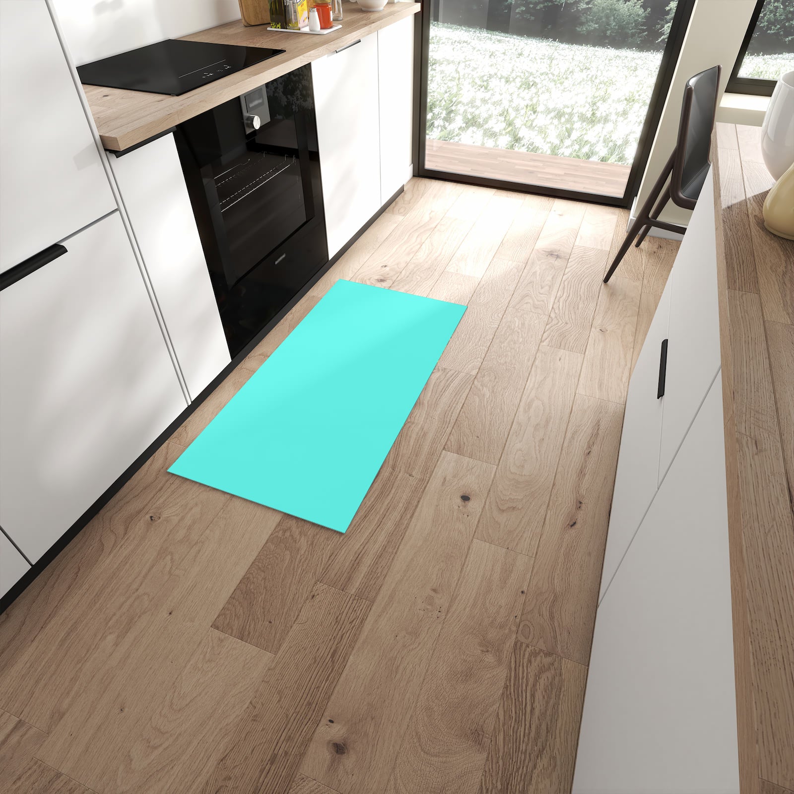 Formstabiler rutschfester Küchenläufer mit Motiv Mintblauer Hintergrund in moderner Küche #grösse_60 x 120 cm