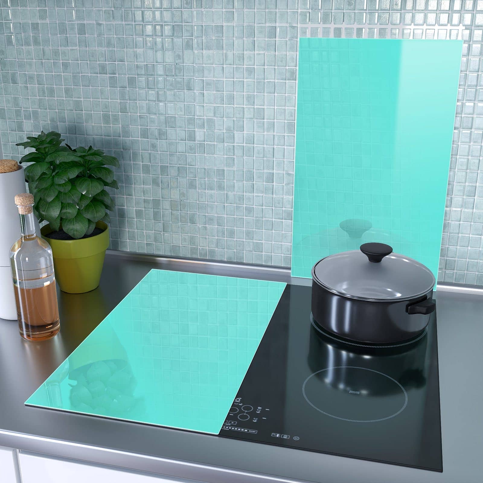 2-teilige Glasplatte für Herd mit Mintblauer Hintergrund-Motiv als Spritzschutz hinter dem Kochfeld