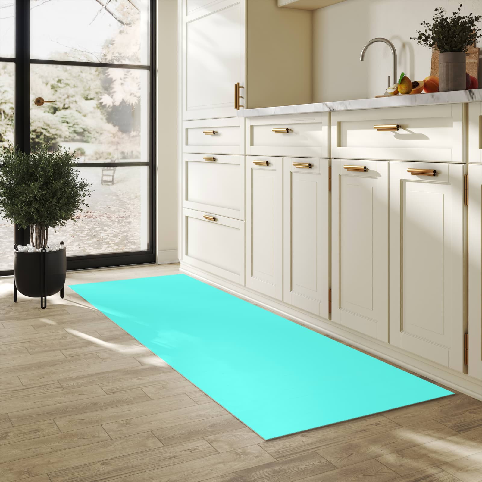 Wasserabweisender Küchenläufer mit Motiv Mintblauer Hintergrund in heller Küche