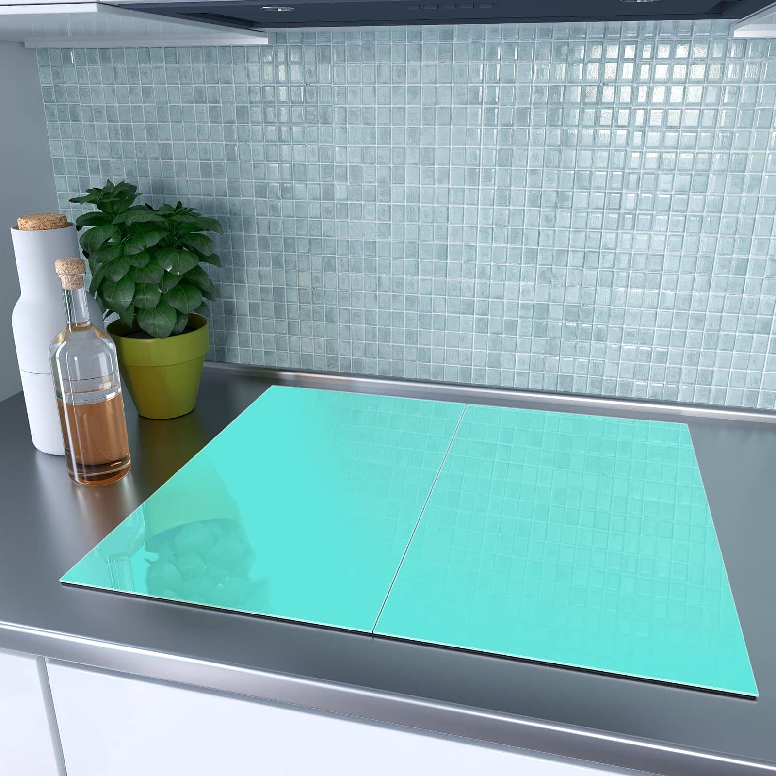 2-teilige Herdabdeckplatten mit Mintblauer Hintergrund-Motiv auf dem Ceranfeld