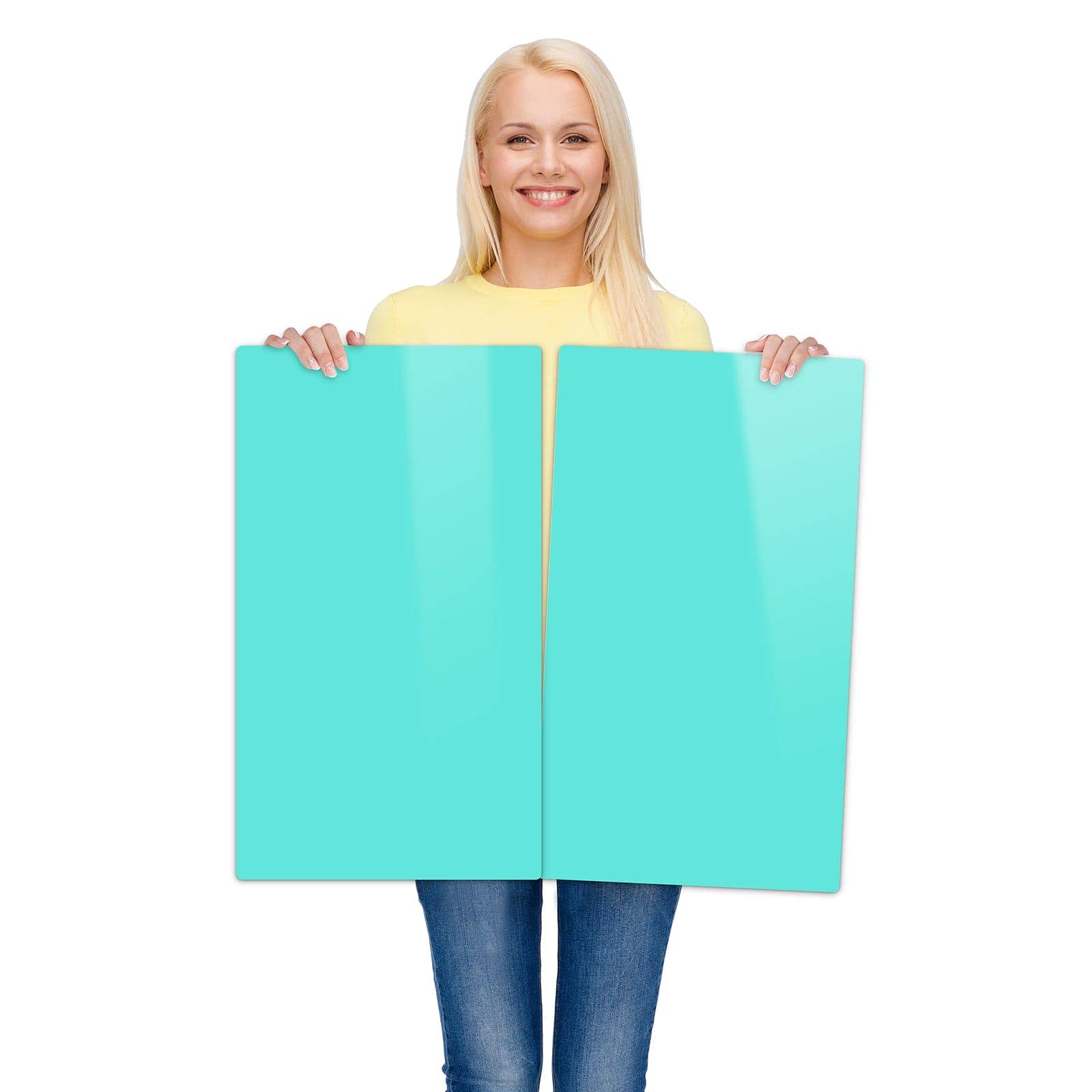 2-teilige Herdabdeckung aus Holz mit Mintblauer Hintergrund-Motiv wird zur Größendarstellung gehalten