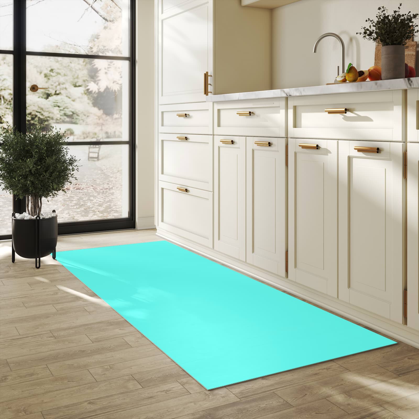 Langlebiger rutschfester Küchenläufer mit Motiv Mintblauer Hintergrund in heller Küche