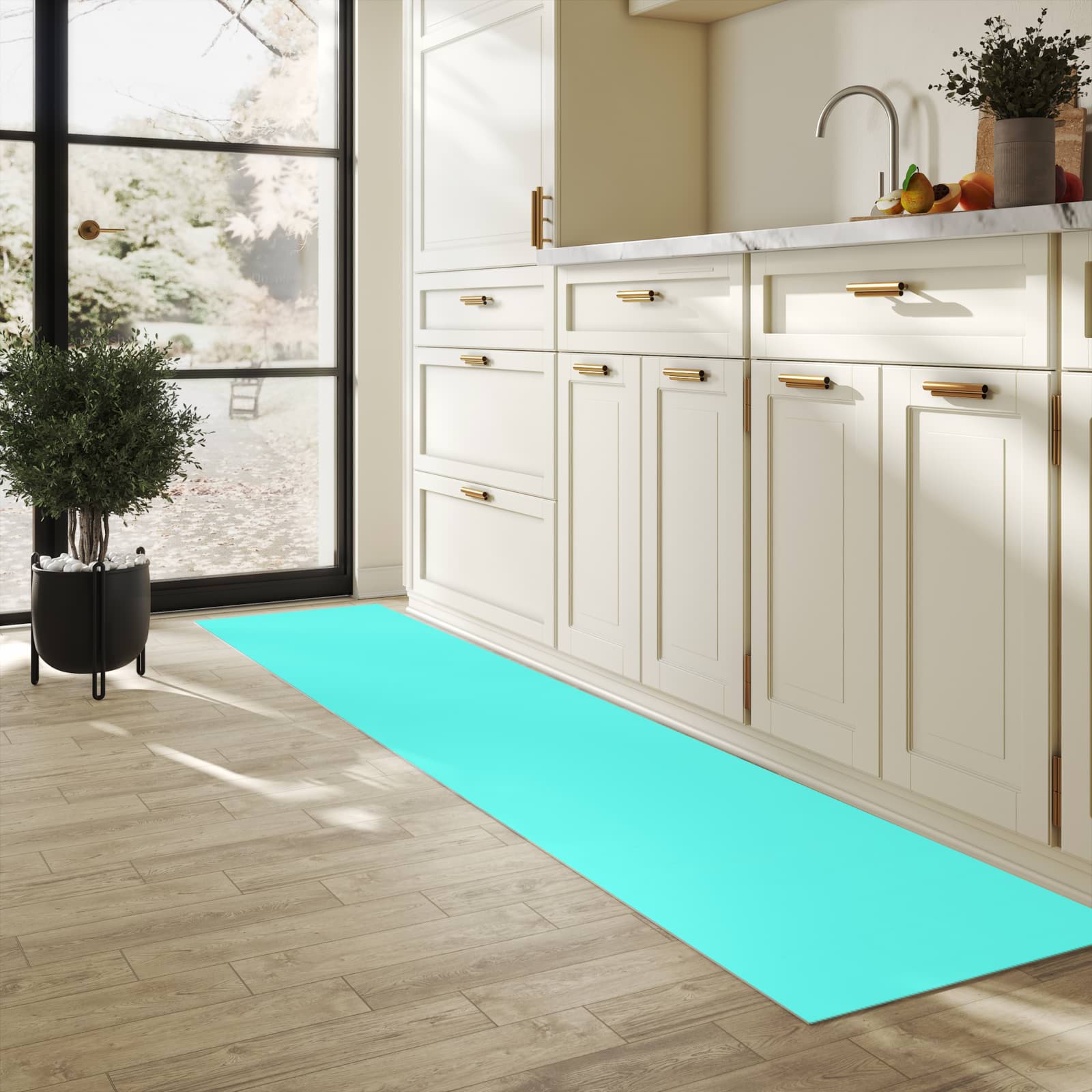 Abriebfester großer Küchenteppich mit Motiv Mintblauer Hintergrund in heller Küche