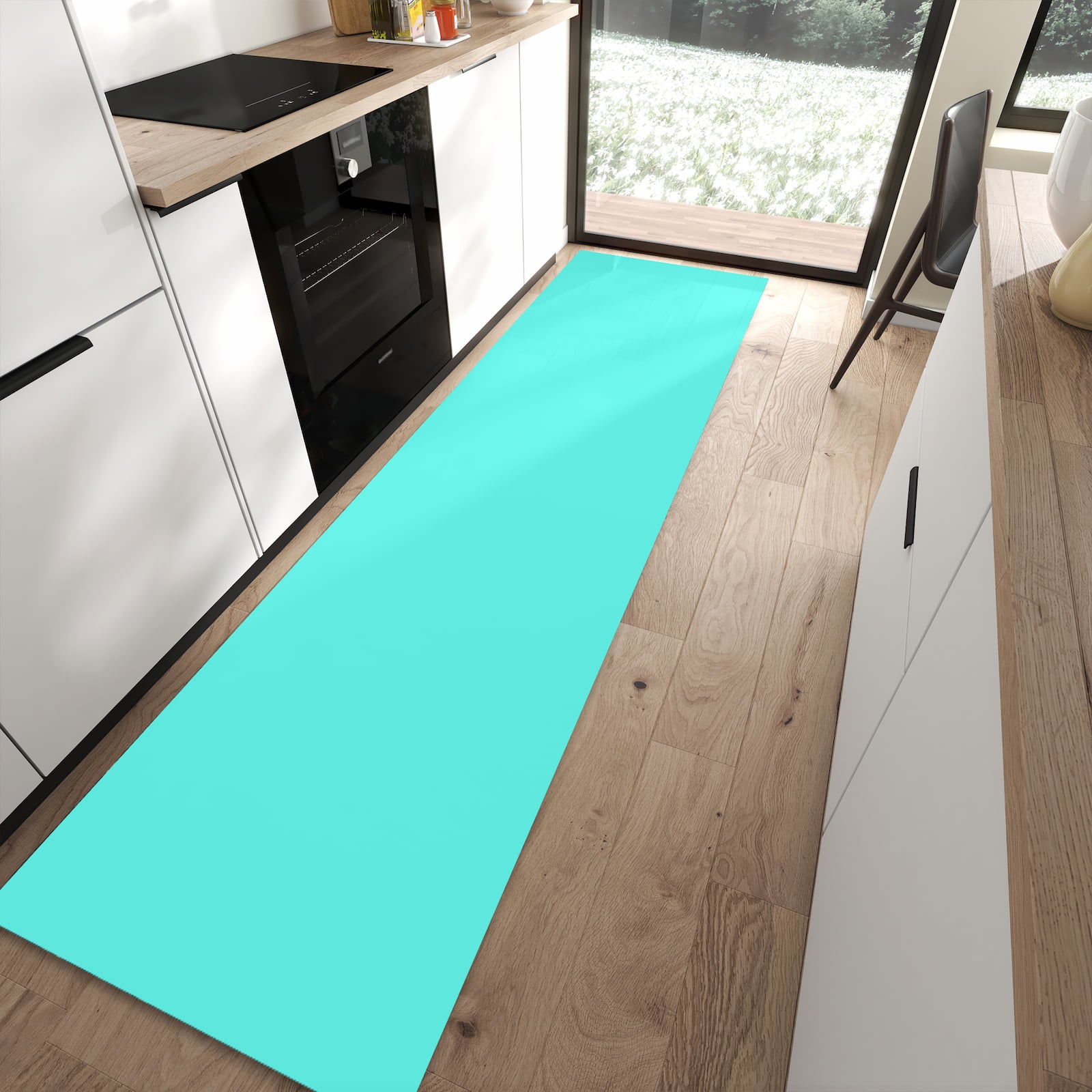 Geruchsneutraler abwaschbarer Küchenteppich mit Motiv Mintblauer Hintergrund in moderner Küche