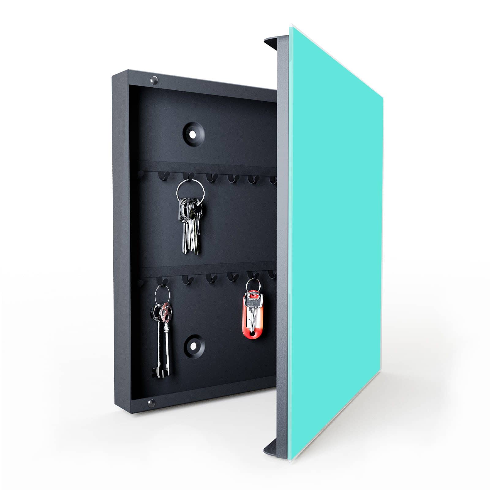 Hygienischer Schlüsselkasten weiß mit Motiv Mintblauer Hintergrund in geöffneter Innenansicht
