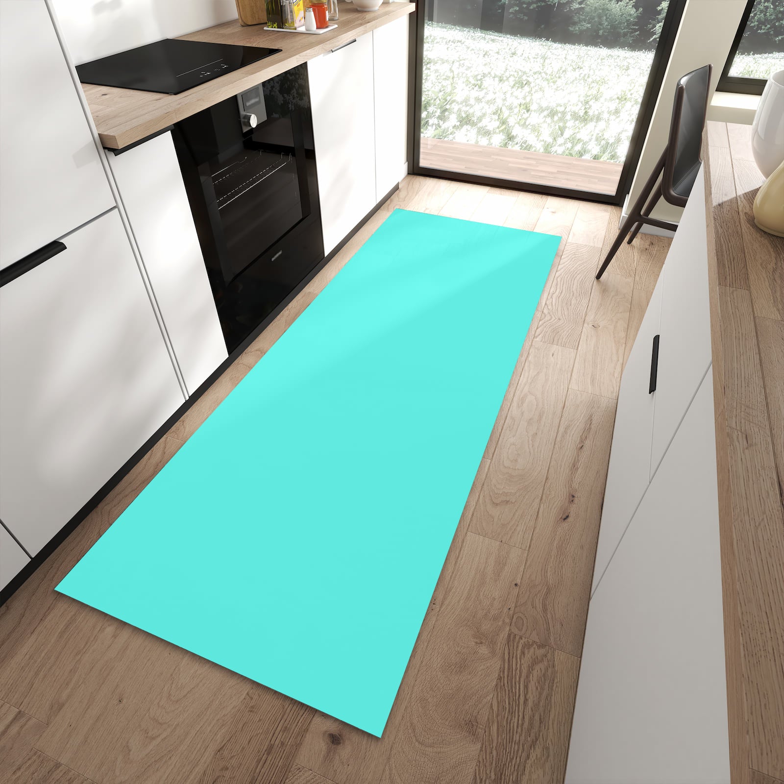 Flacher Küchenteppich mit Motiv Mintblauer Hintergrund in moderner Küche