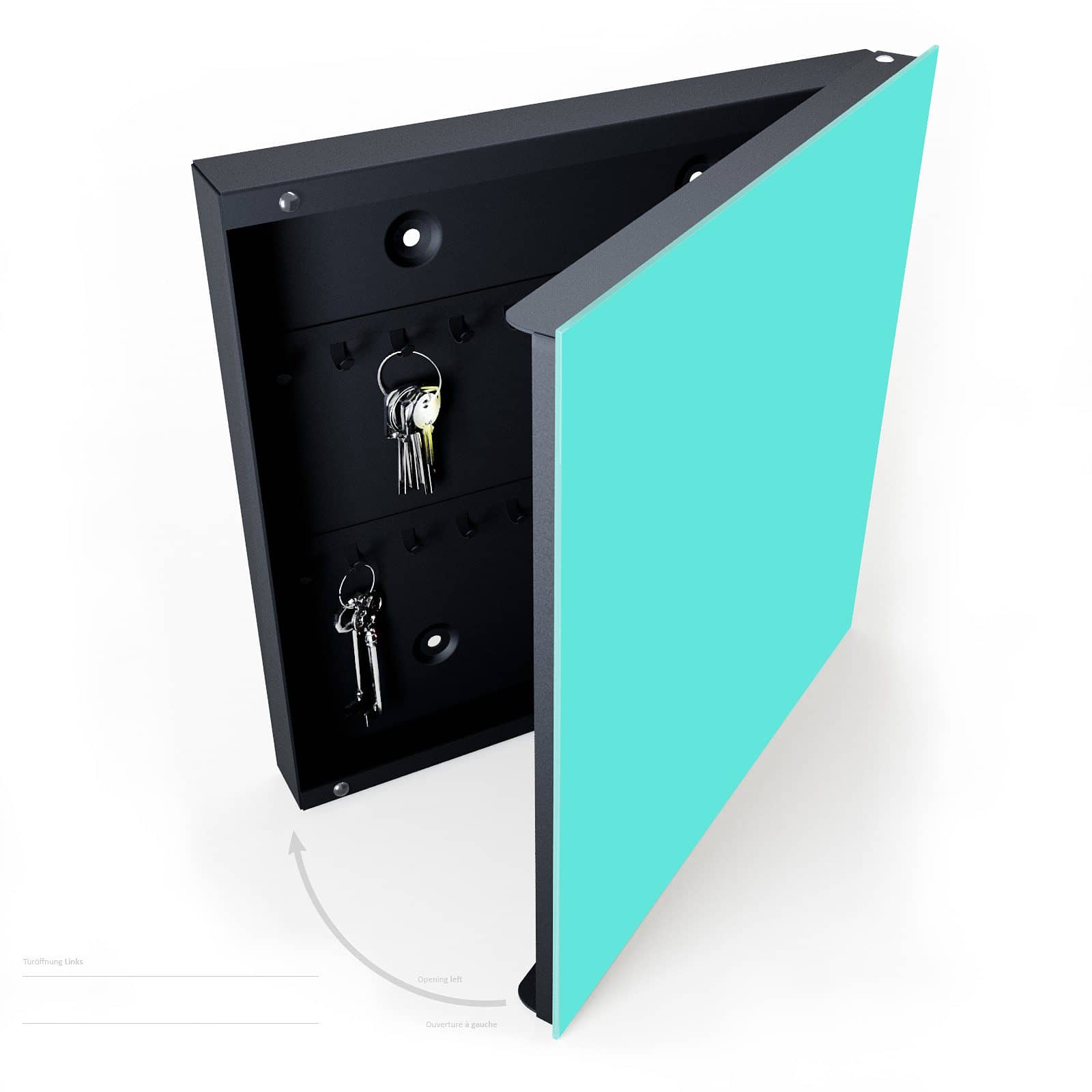 Praktische Schlüsselbox mit Motiv Mintblauer Hintergrund halboffen mit Schlüsseln