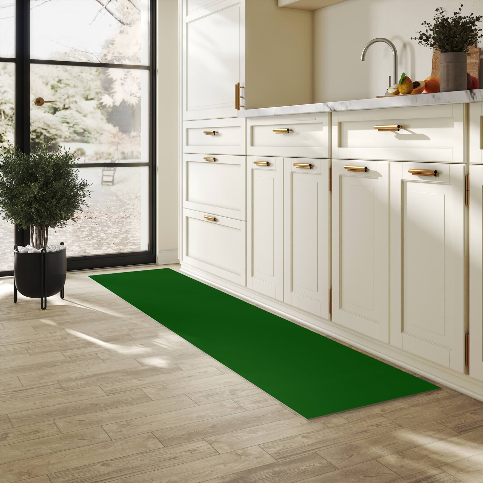 Hygienischer rutschfester Küchenteppich mit Motiv Dunkelgrüner Hintergrund I in heller Küche